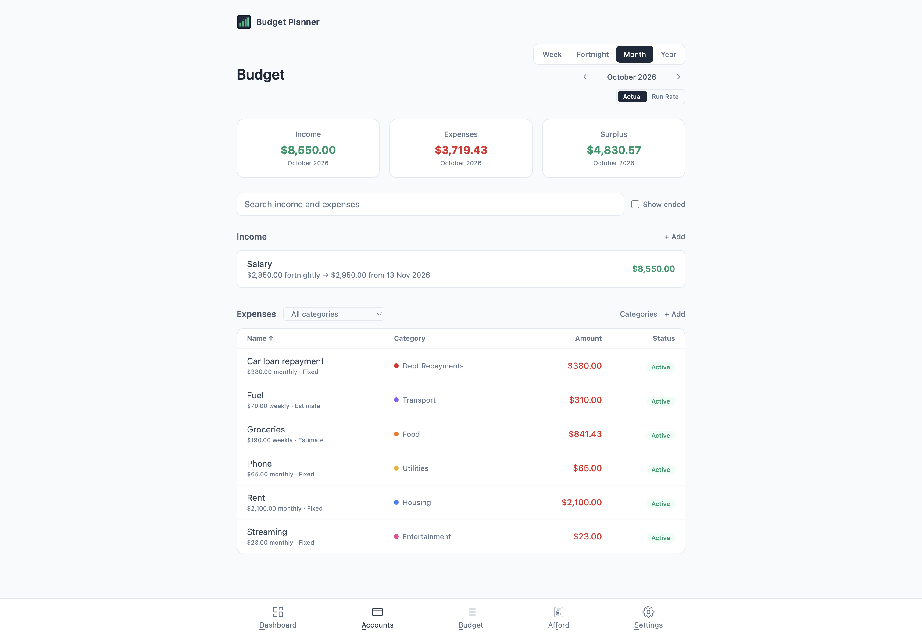 Budget page with income, expenses and search