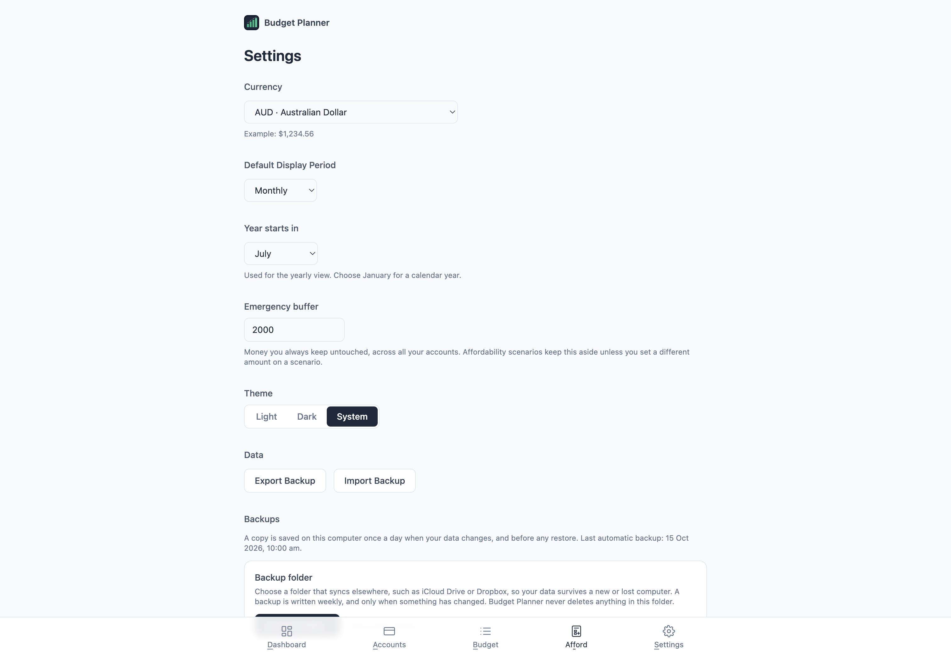 Settings with currency, year start, emergency buffer and backups