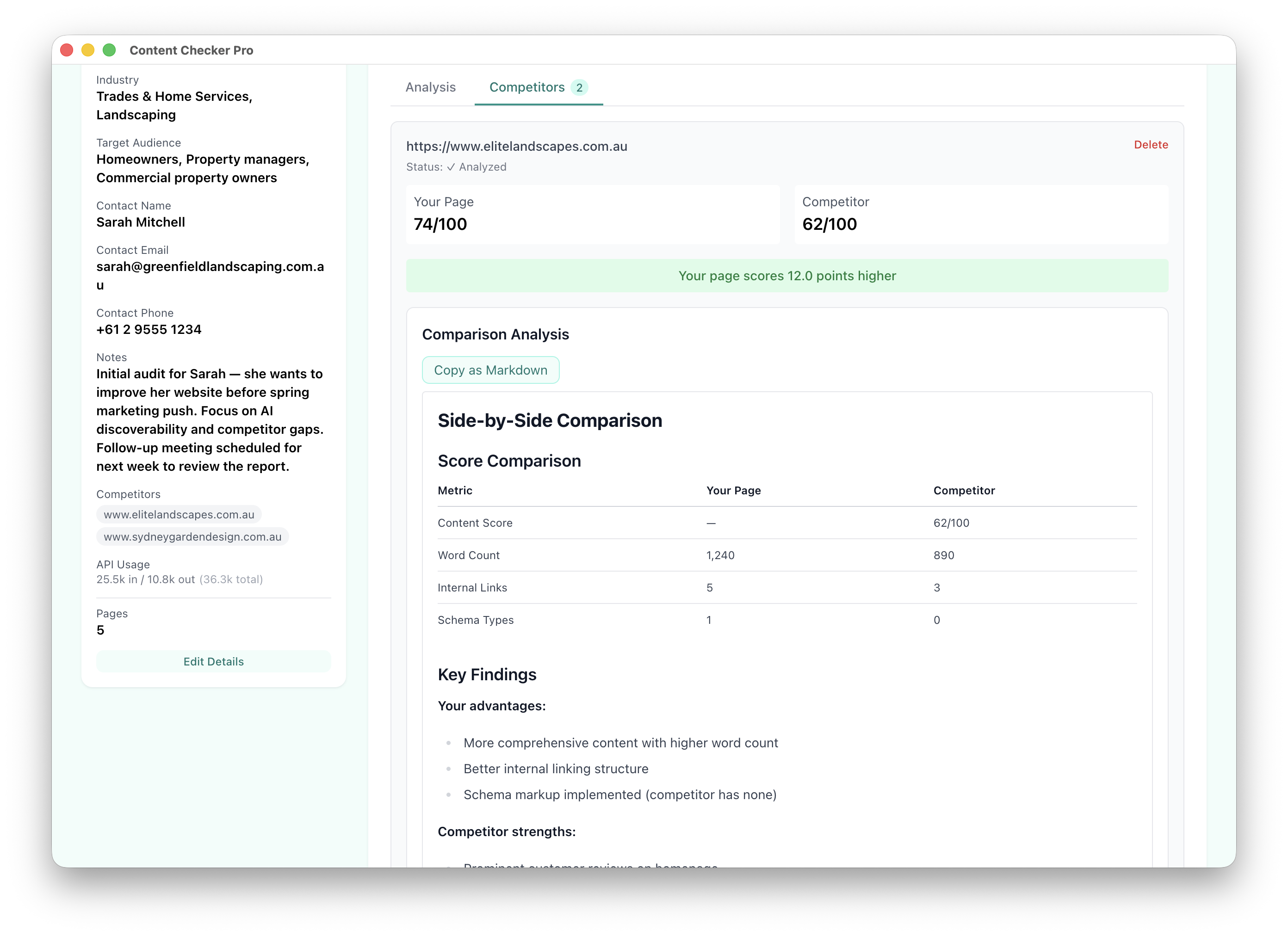 Side-by-side competitor comparison with score differential