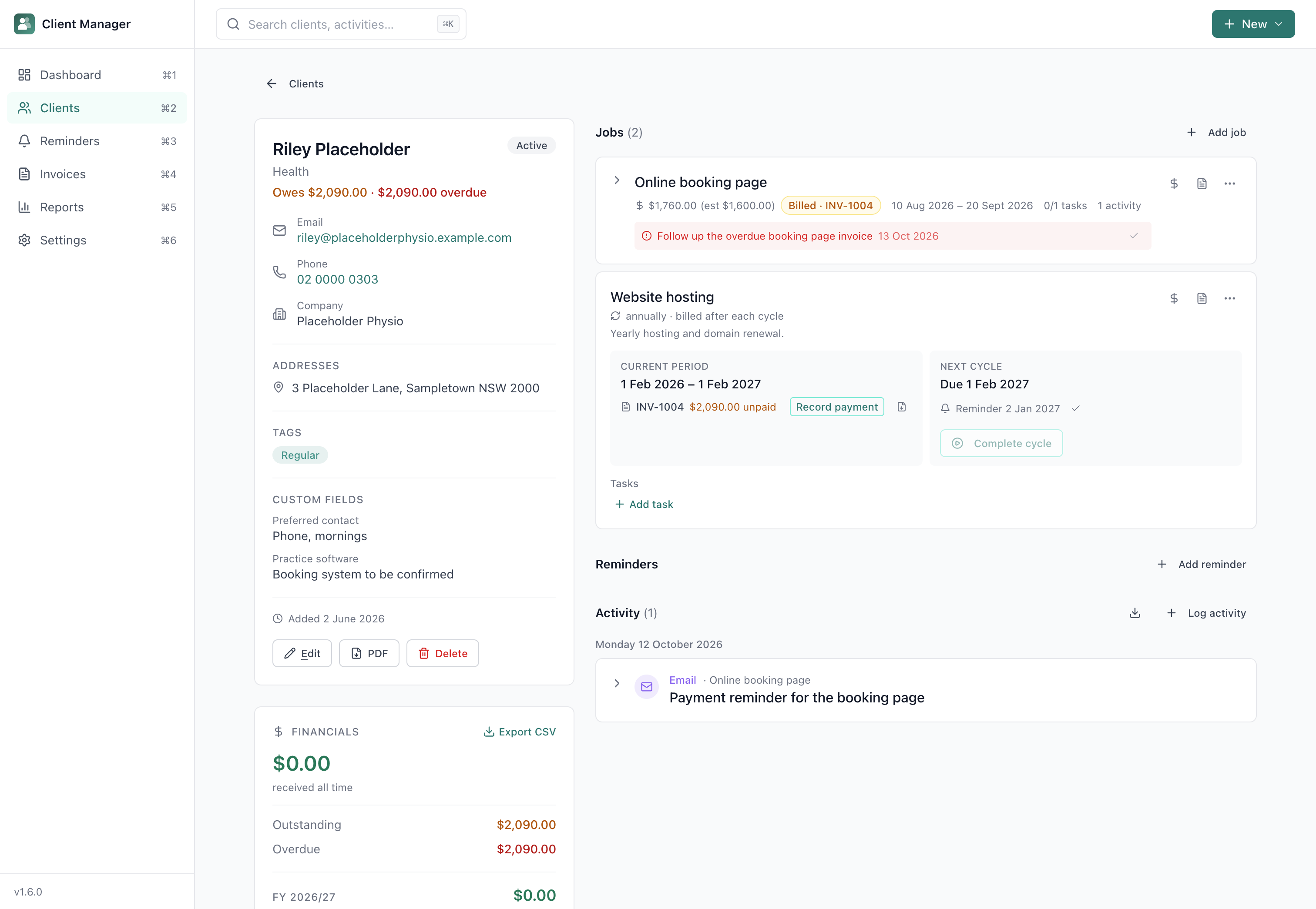Client detail showing jobs, reminders, and activity
