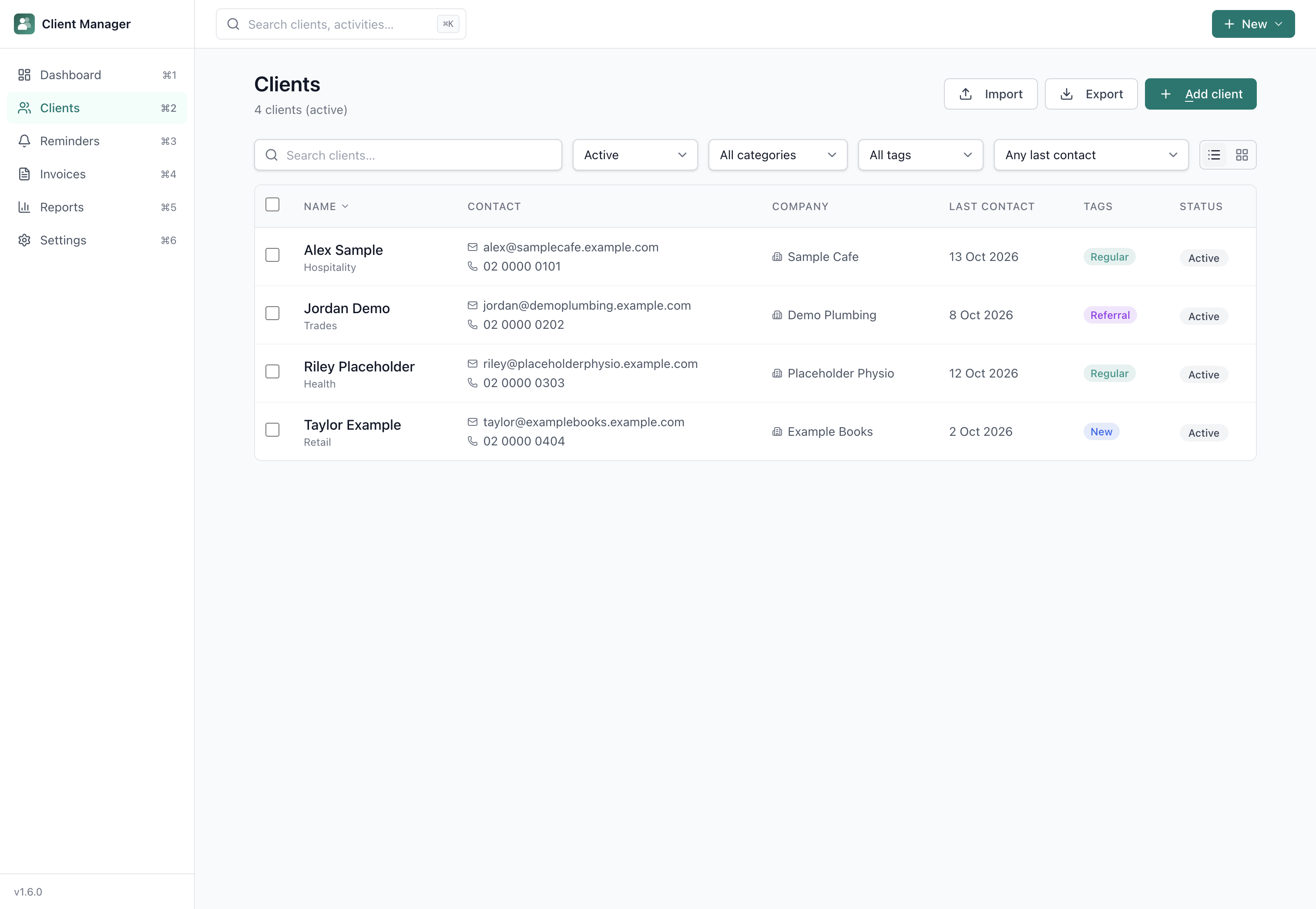 Client list with tags and categories