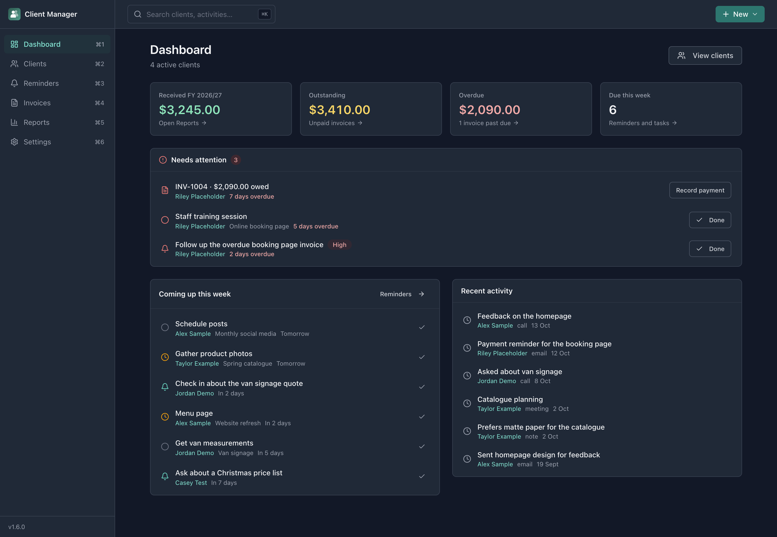 Dark theme showing client list