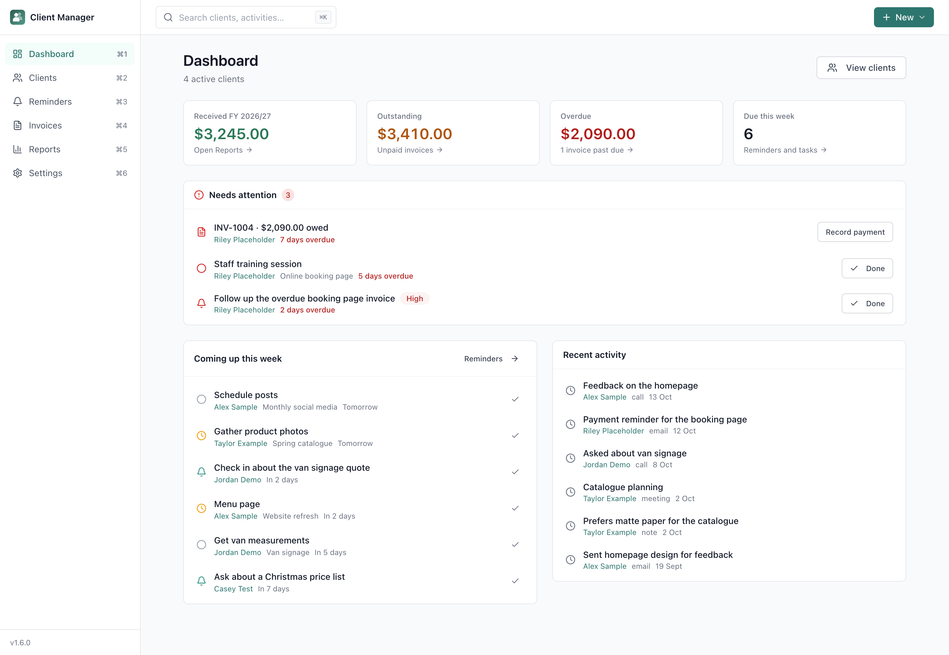 Client Manager dashboard with reminders, tasks, outstanding invoices and recent activity