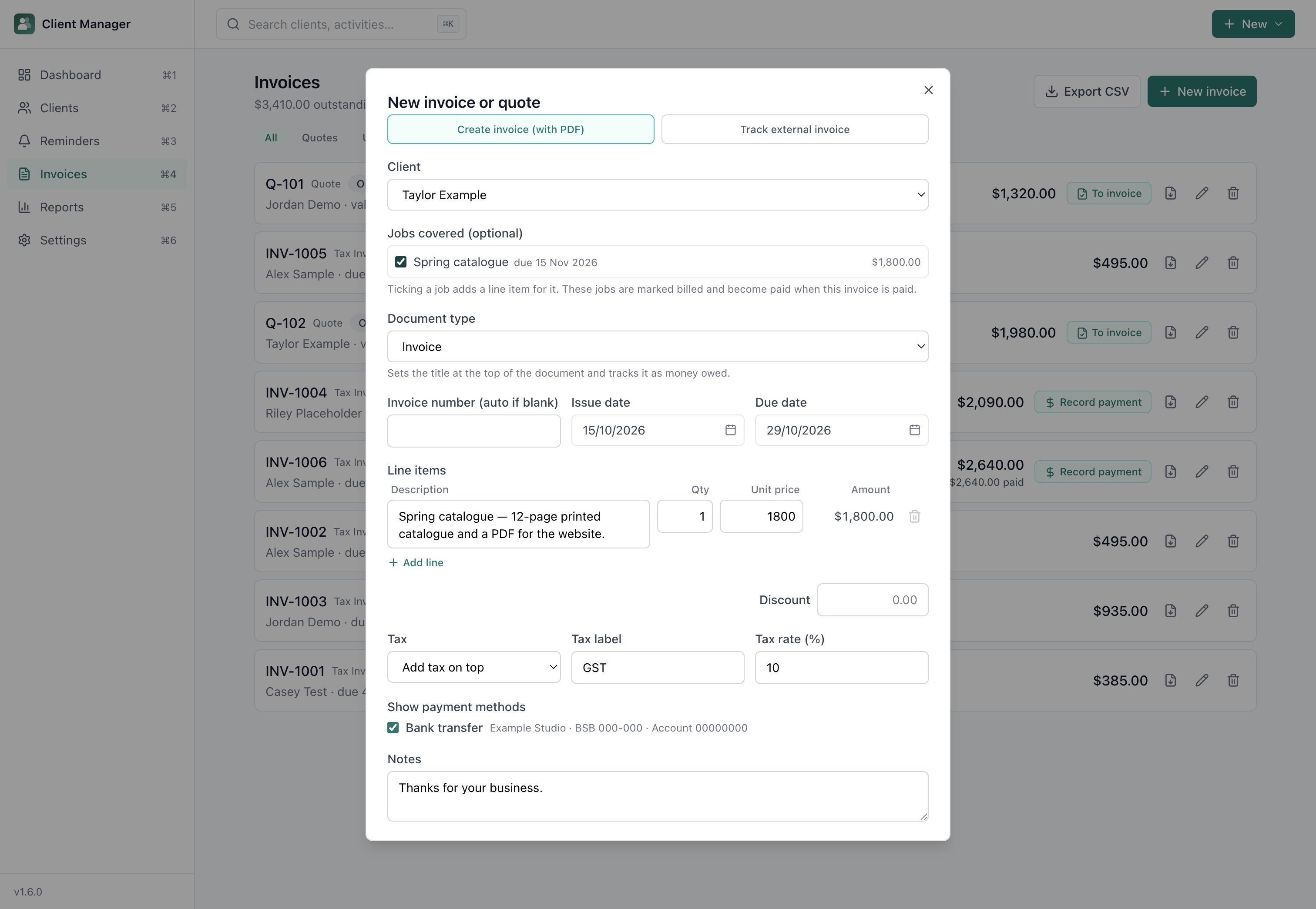 Invoice form with line items and tax