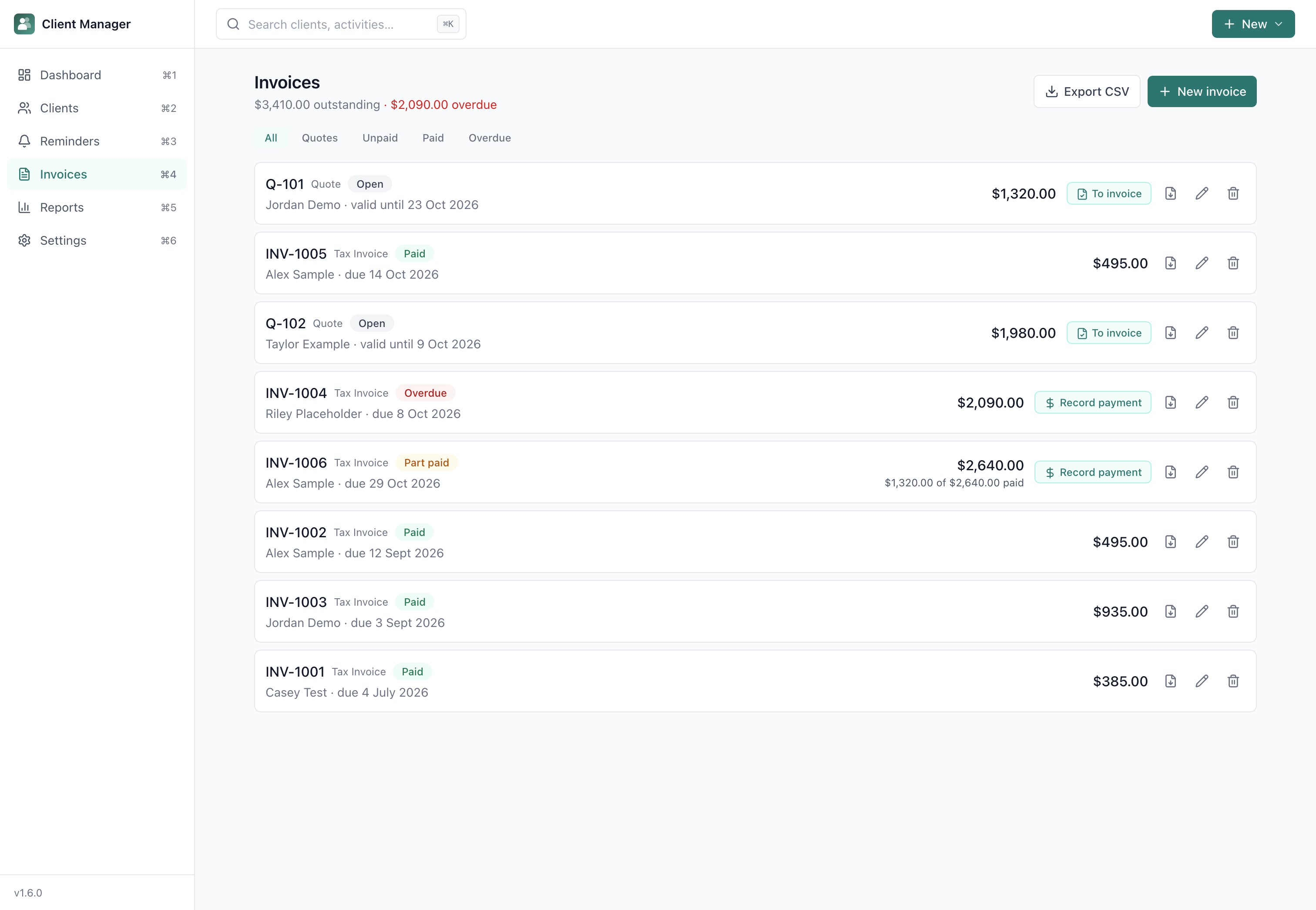 Invoice list with status and balances
