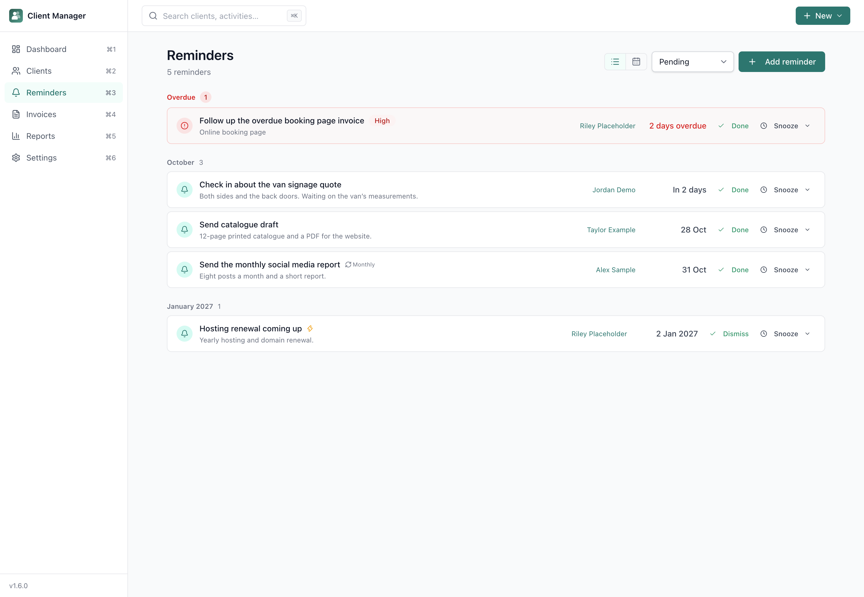 Reminders view with calendar