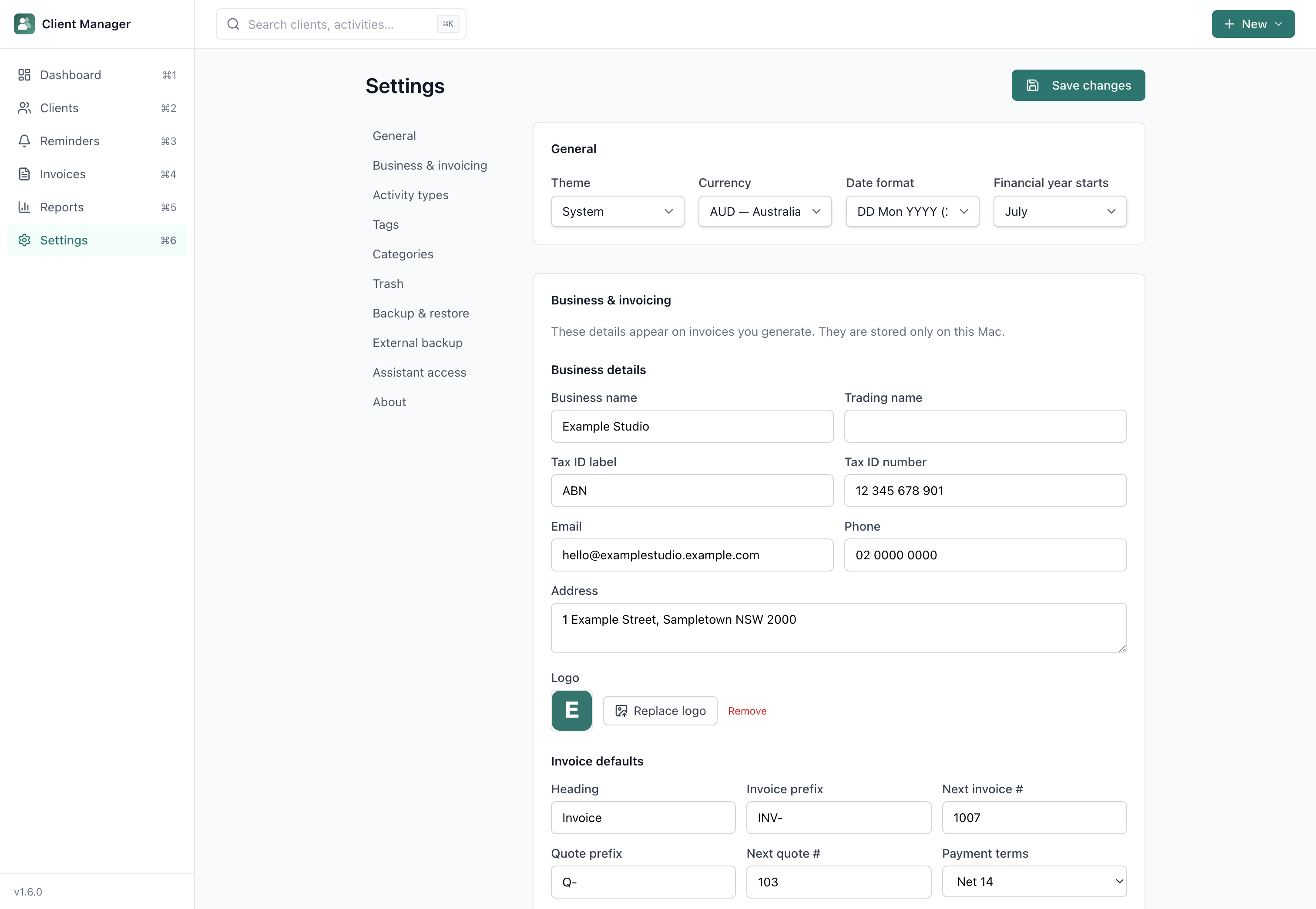 Settings with business profile and backup options