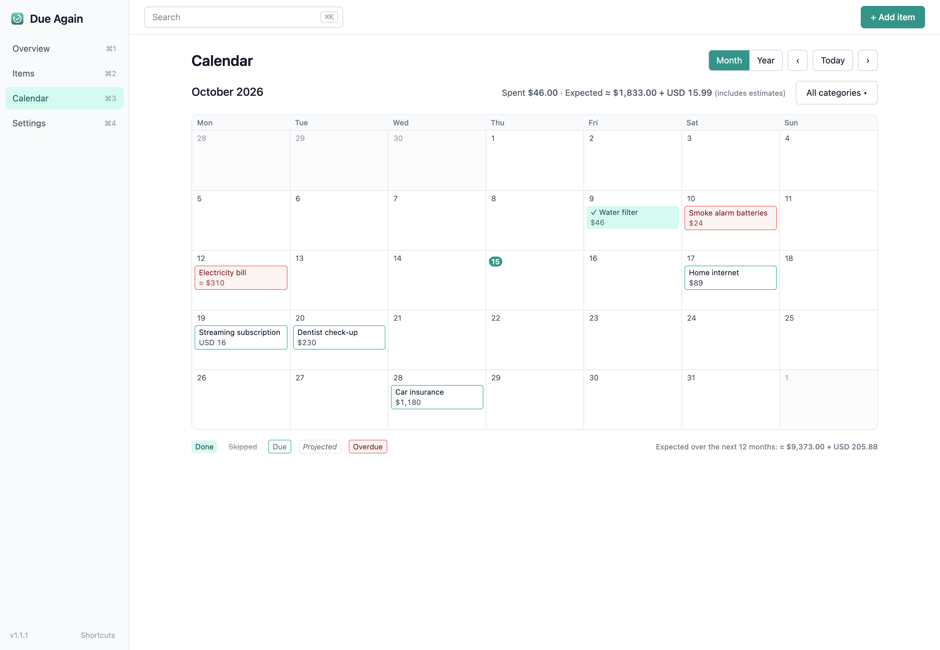 Calendar showing done, skipped, due and projected items with costs