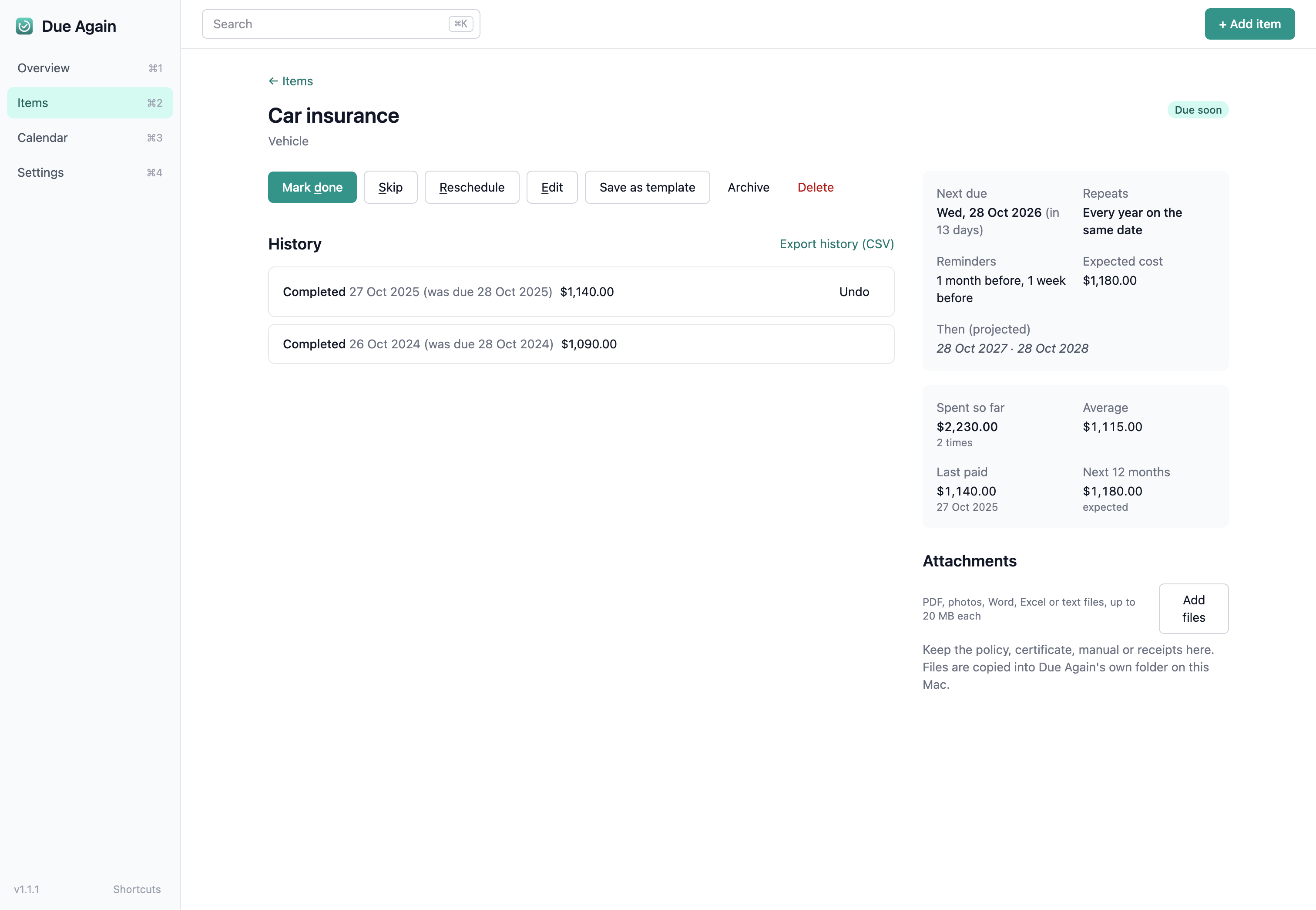 Item page with schedule, history, costs and attachments