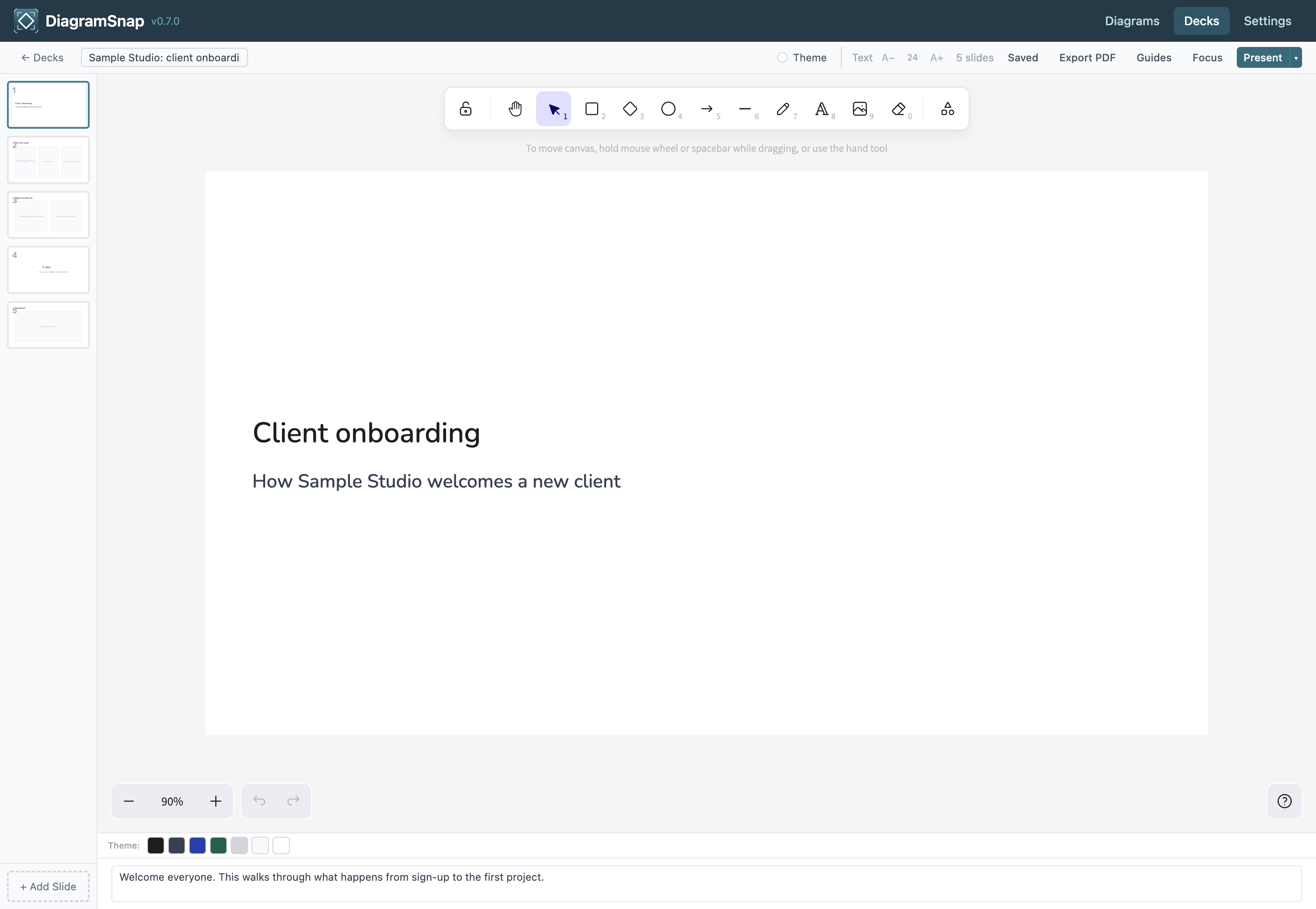 Deck editor with slide thumbnails, theme picker, and speaker notes
