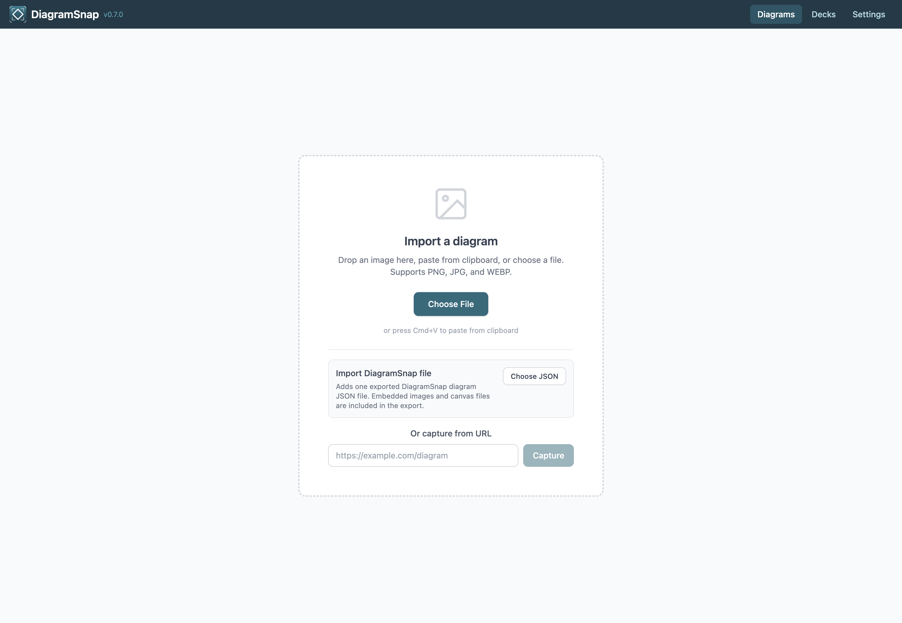 Import panel with drag-and-drop, file picker, and URL capture