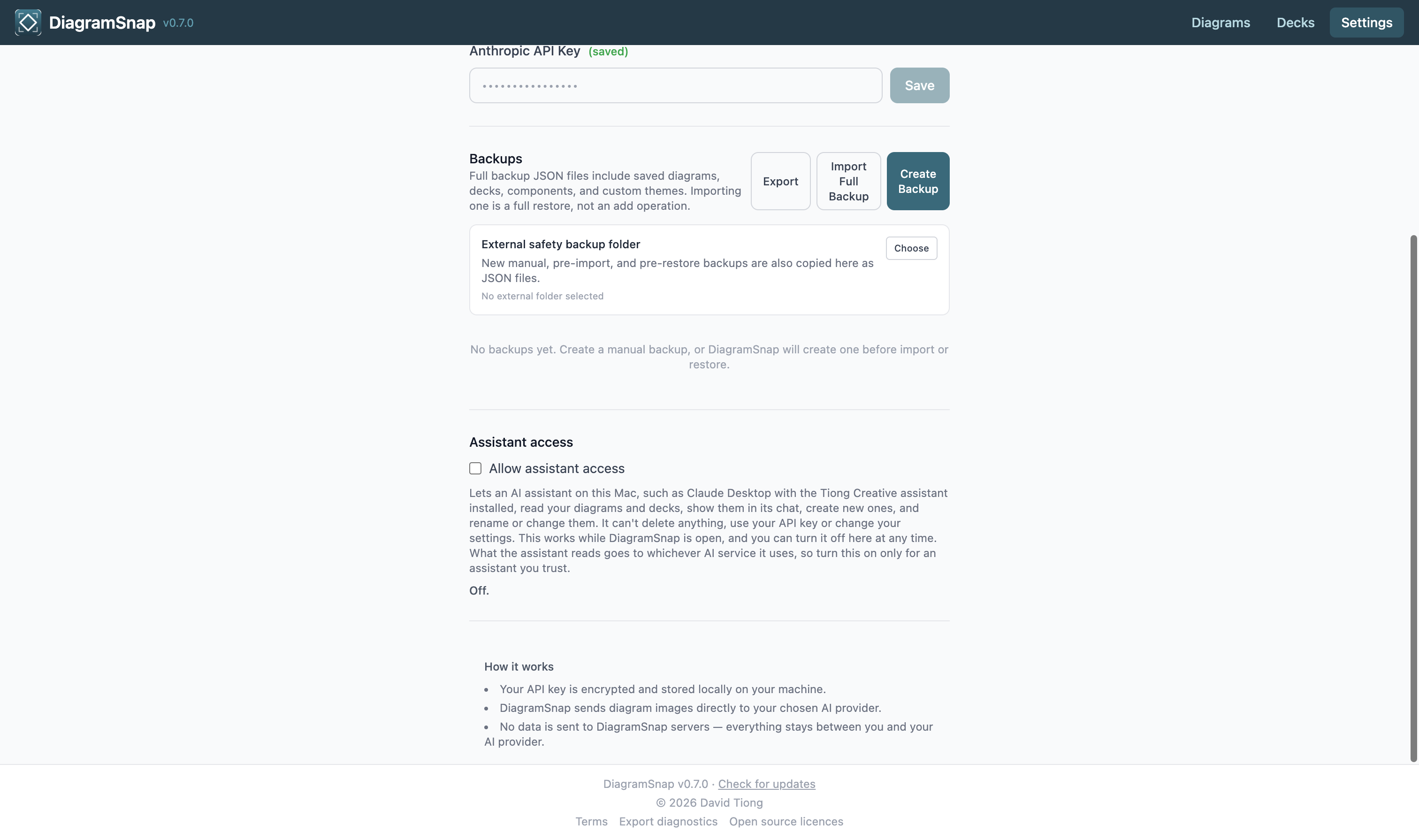 Settings page showing AI provider configuration and backup management