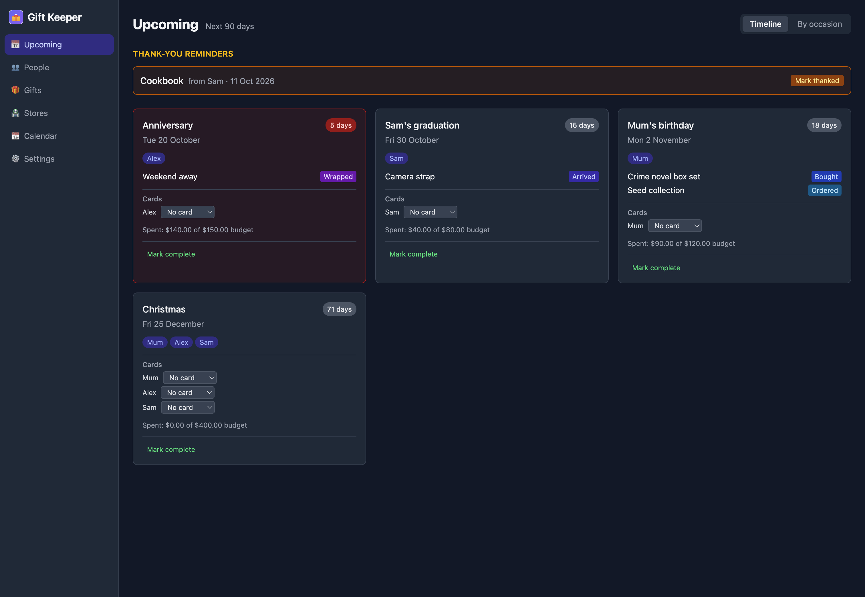 Dark theme showing upcoming occasions
