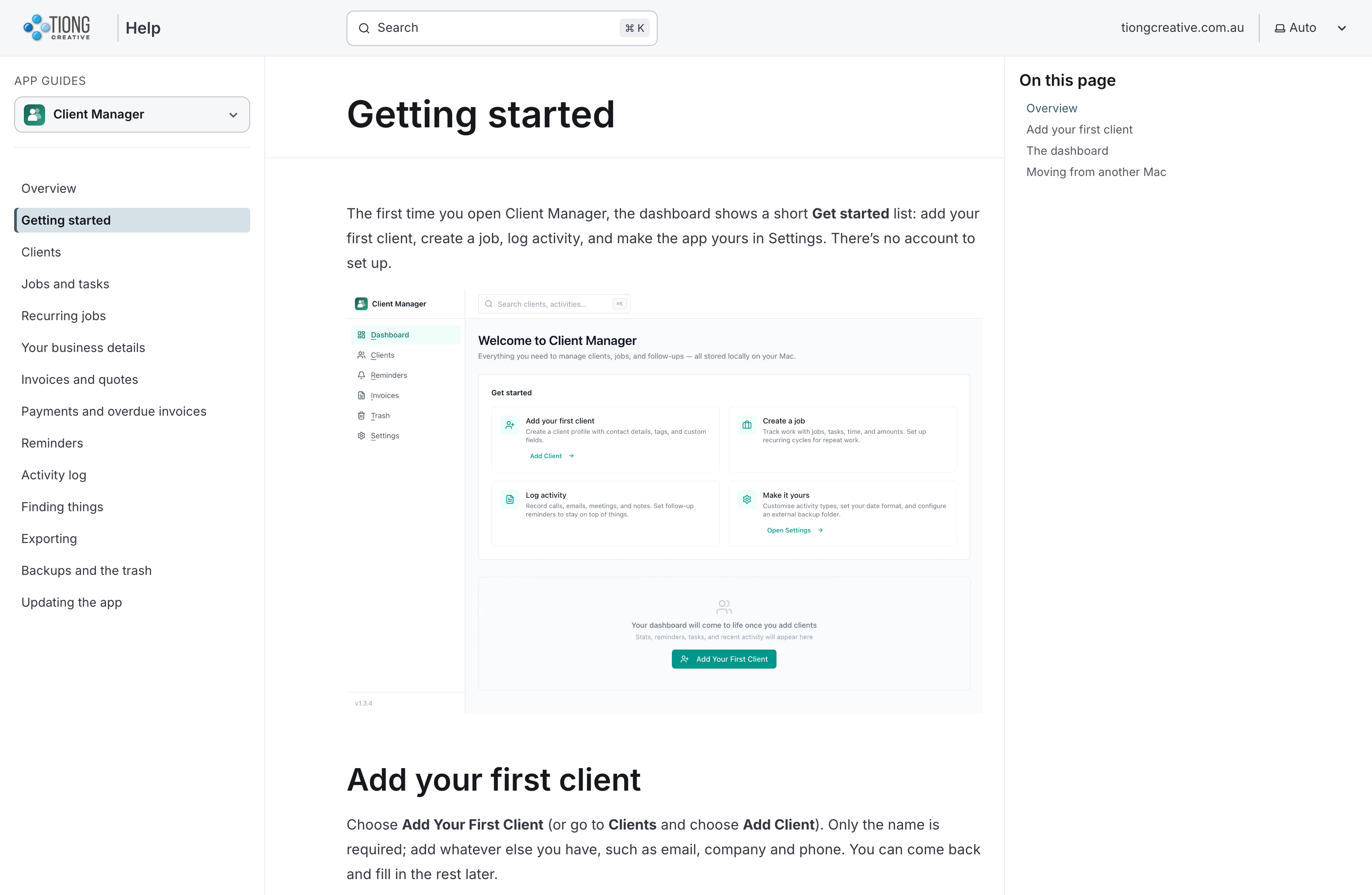 A help centre guide: Getting started with Client Manager, with the guide list and a screenshot of the app