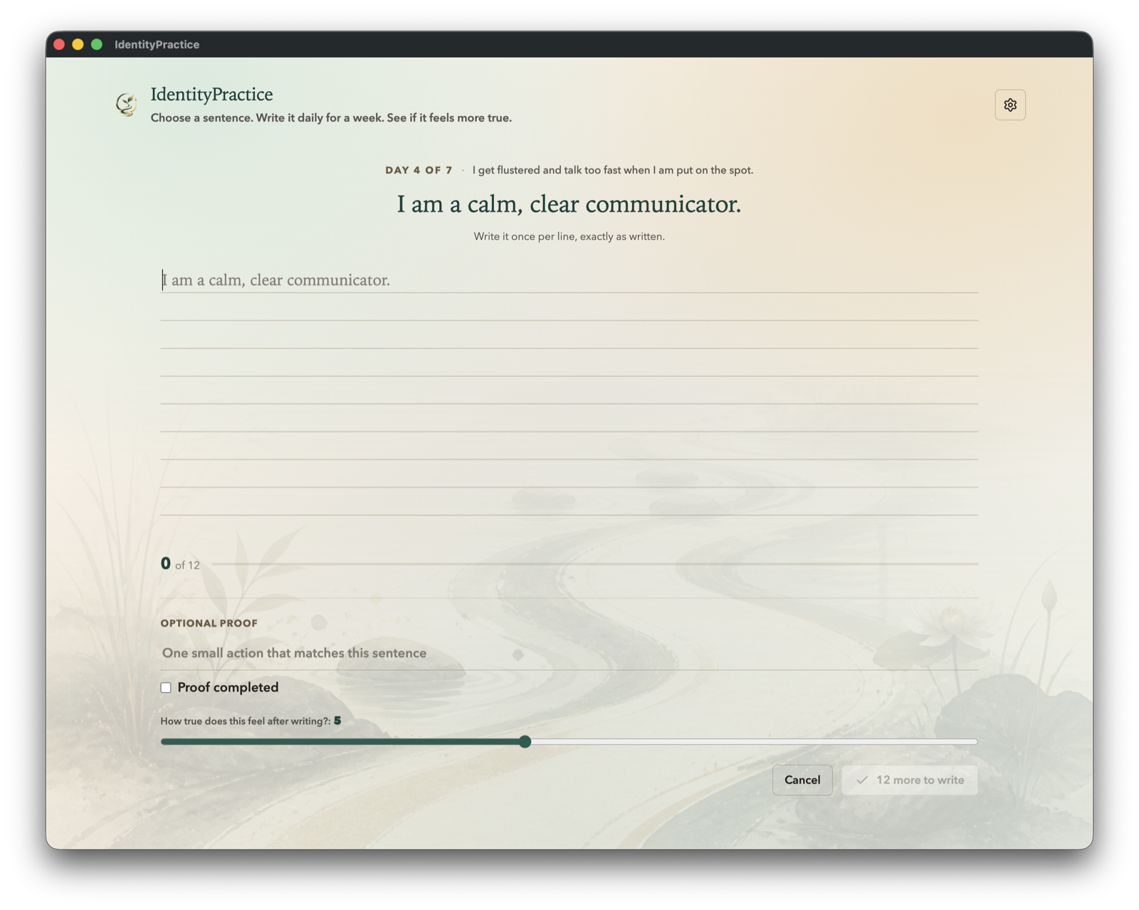 The daily writing screen with the identity sentence and a line-by-line progress cue