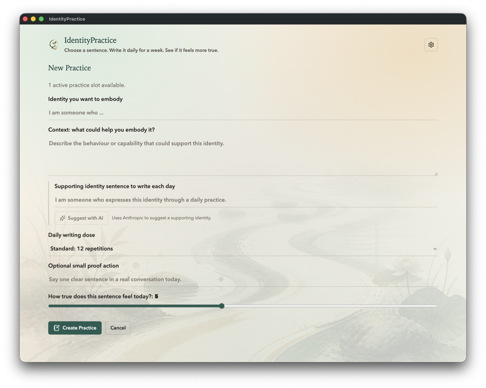 The new practice screen for naming an identity and choosing a supporting sentence