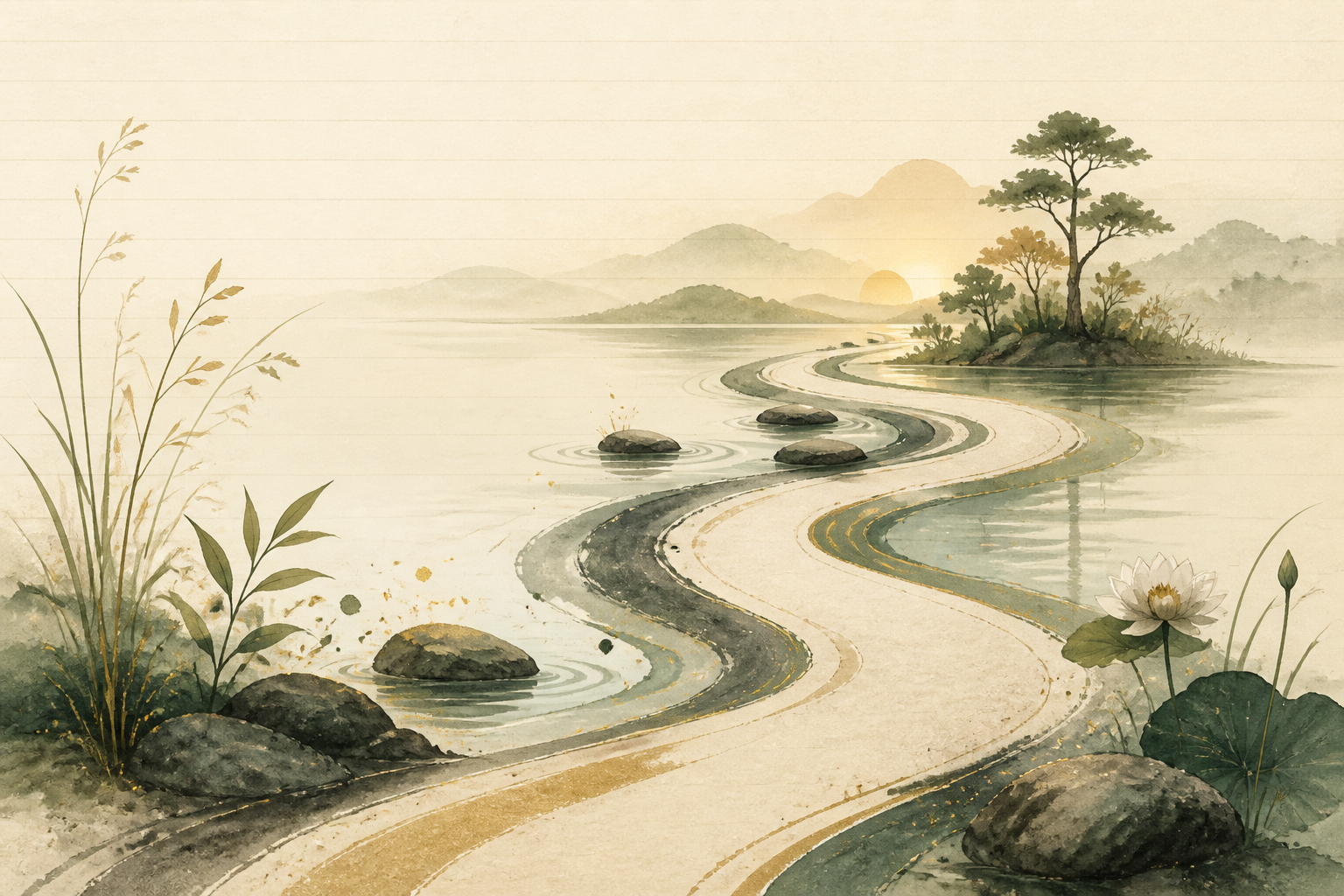 A hand-drawn path through a quiet landscape