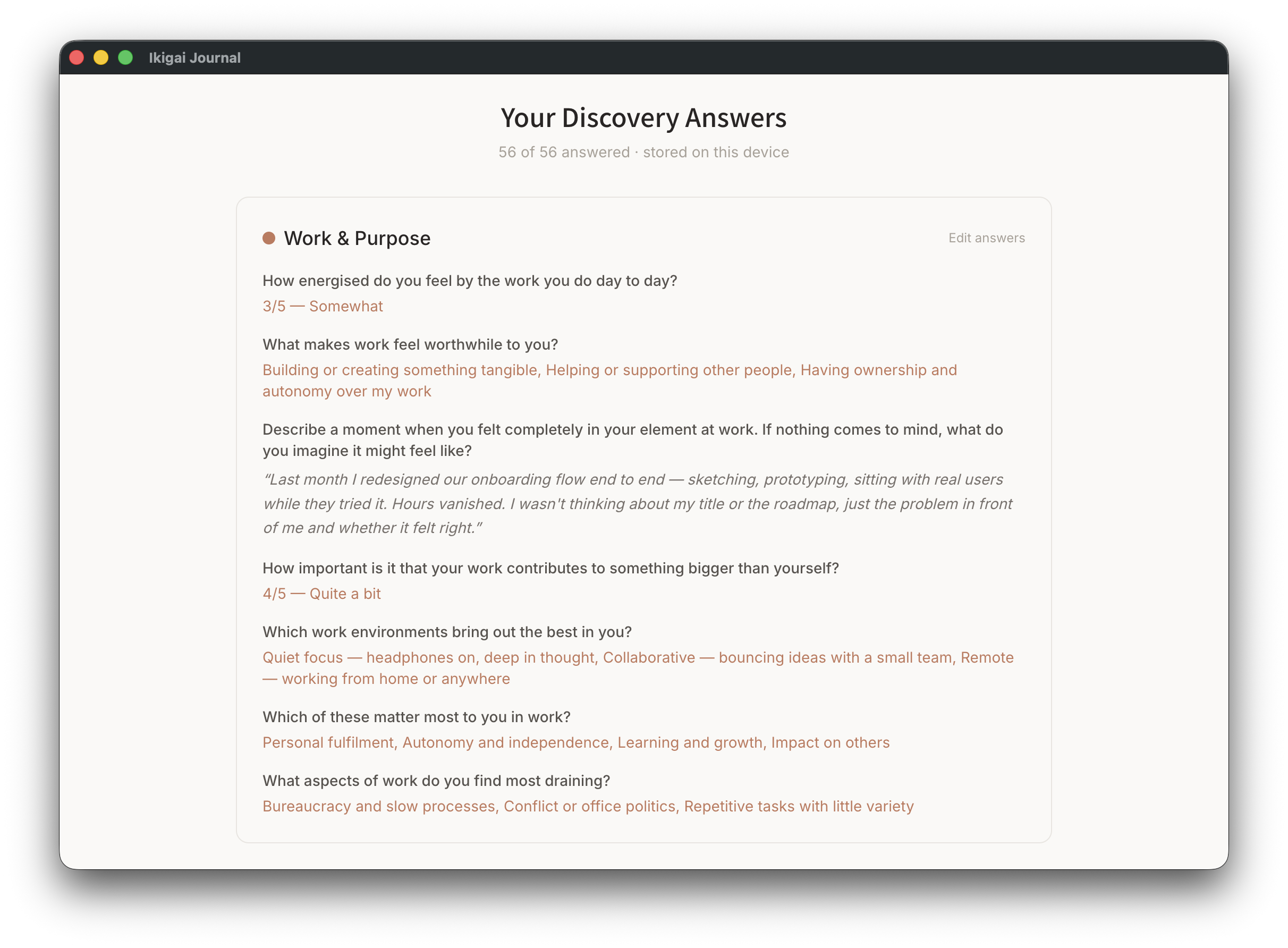 Discovery answers across ten life areas