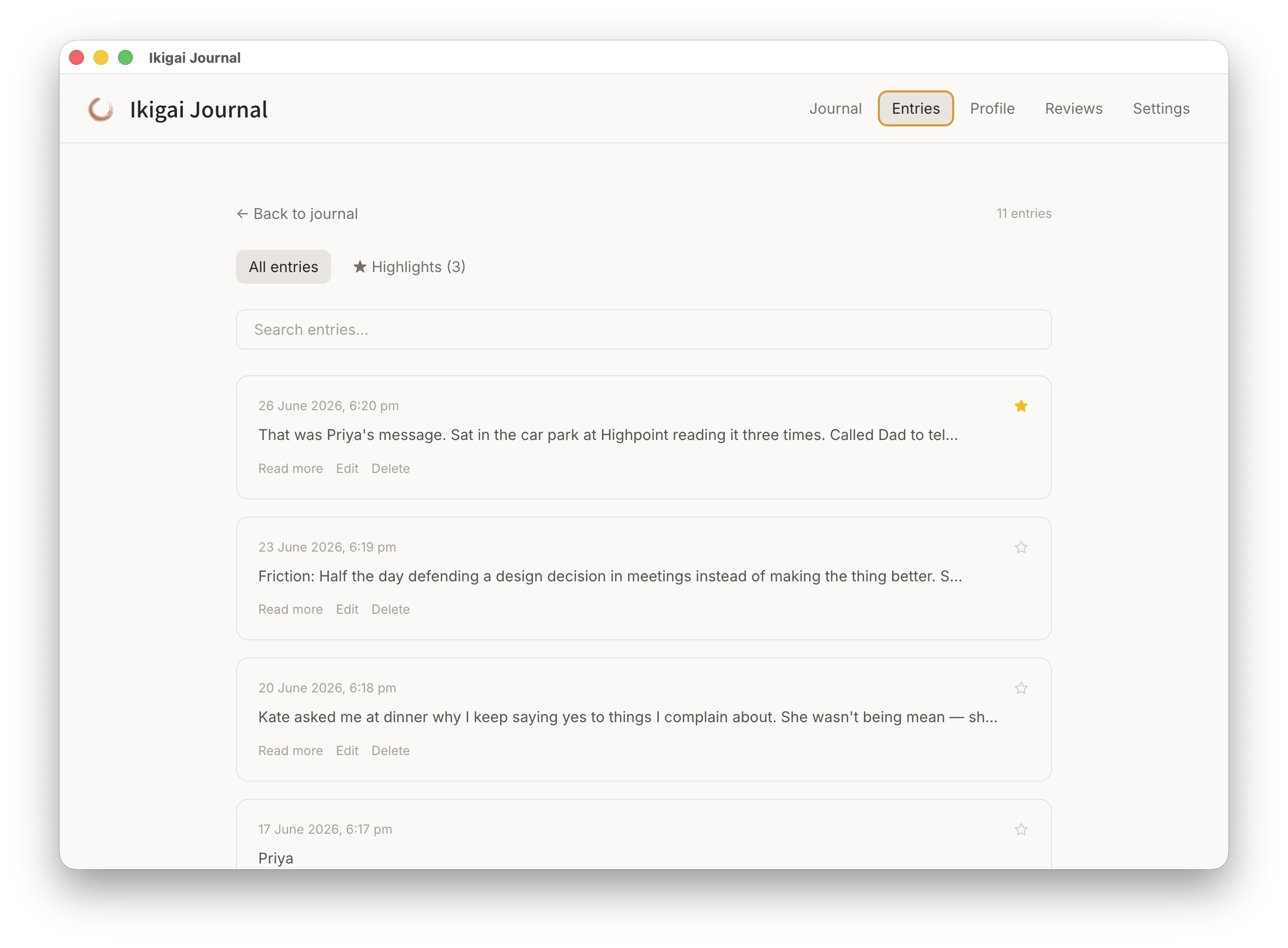All entries with search, highlights, and starred moments
