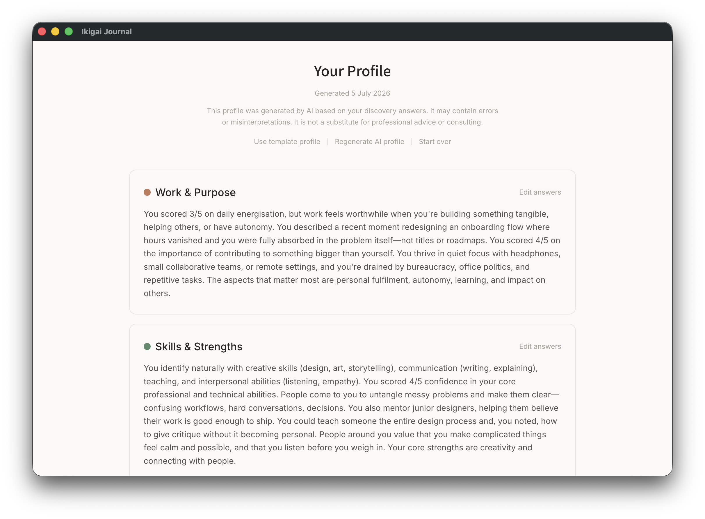 AI-generated profile with dimensions and start over option
