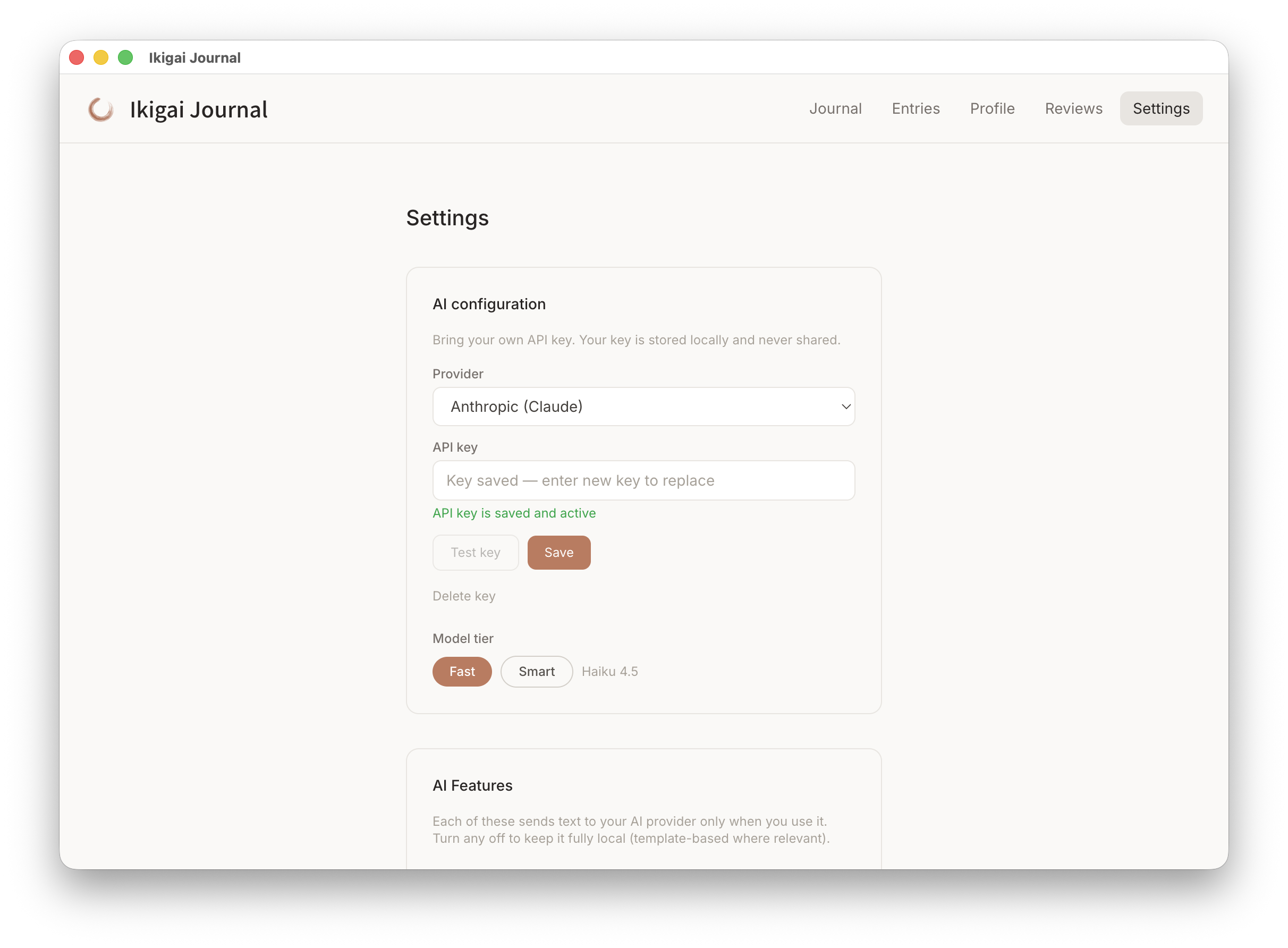 Settings with AI configuration, toggles, and backup