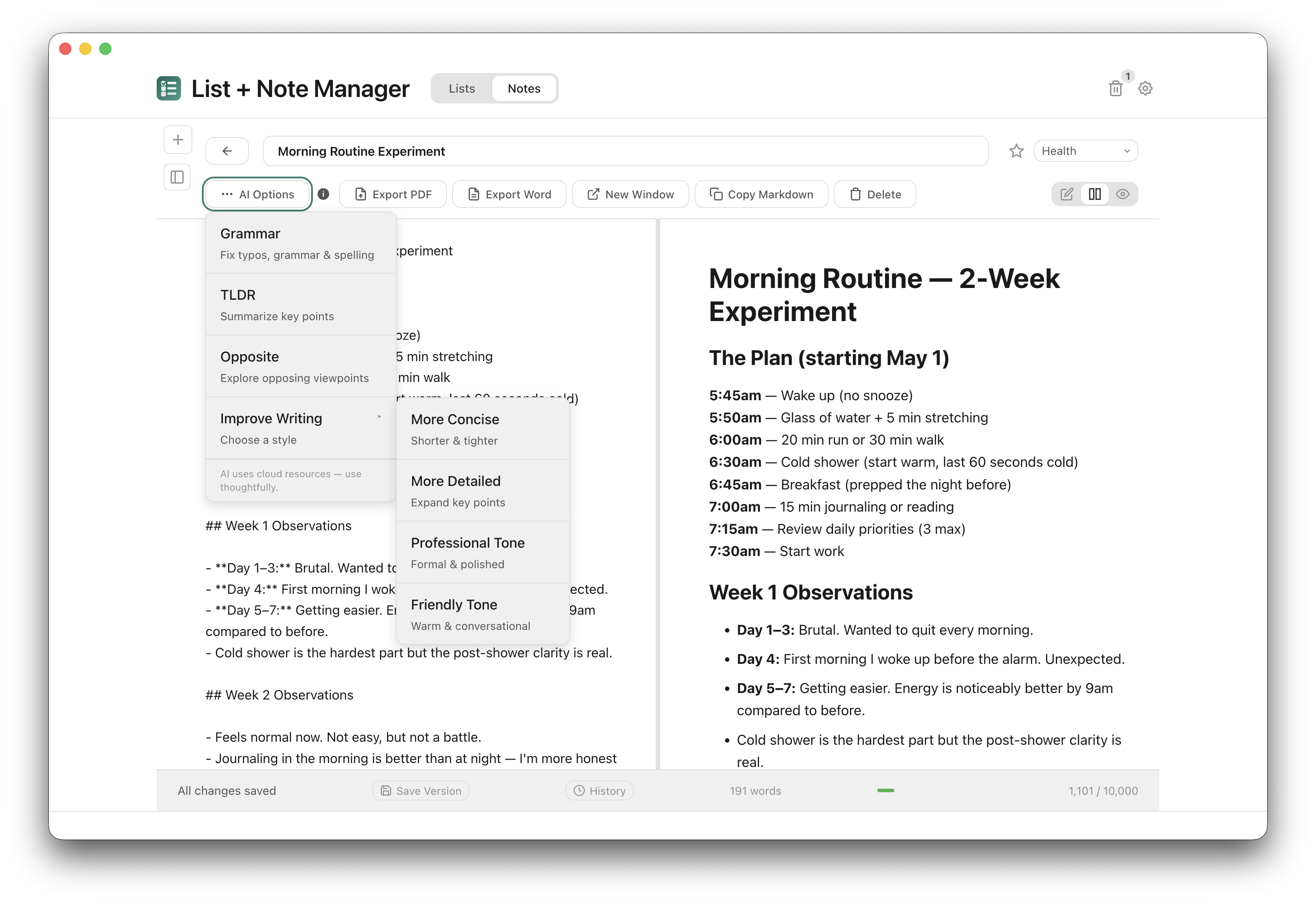 AI options menu with grammar, TLDR, and writing tools