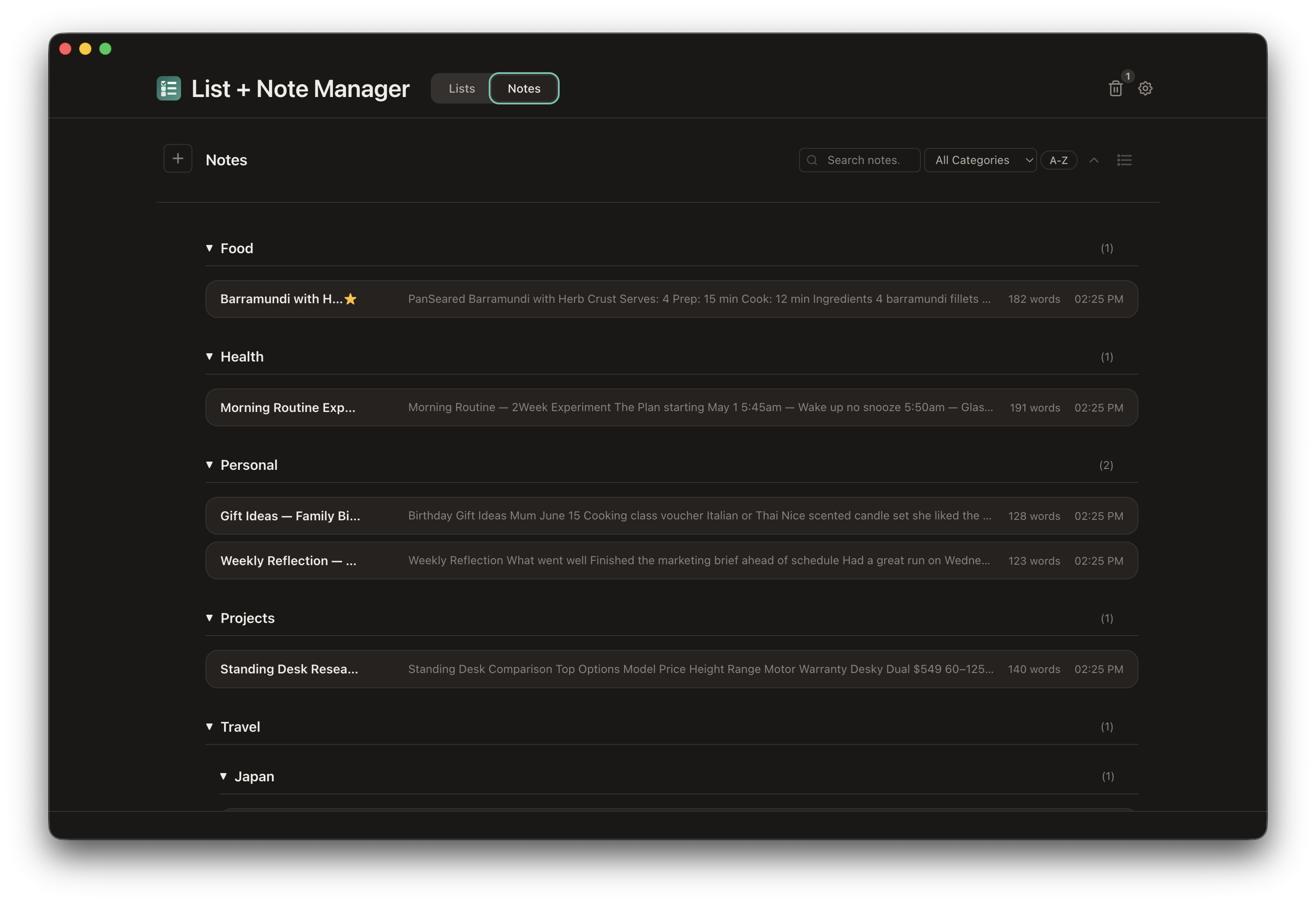 Dark theme showing notes list view