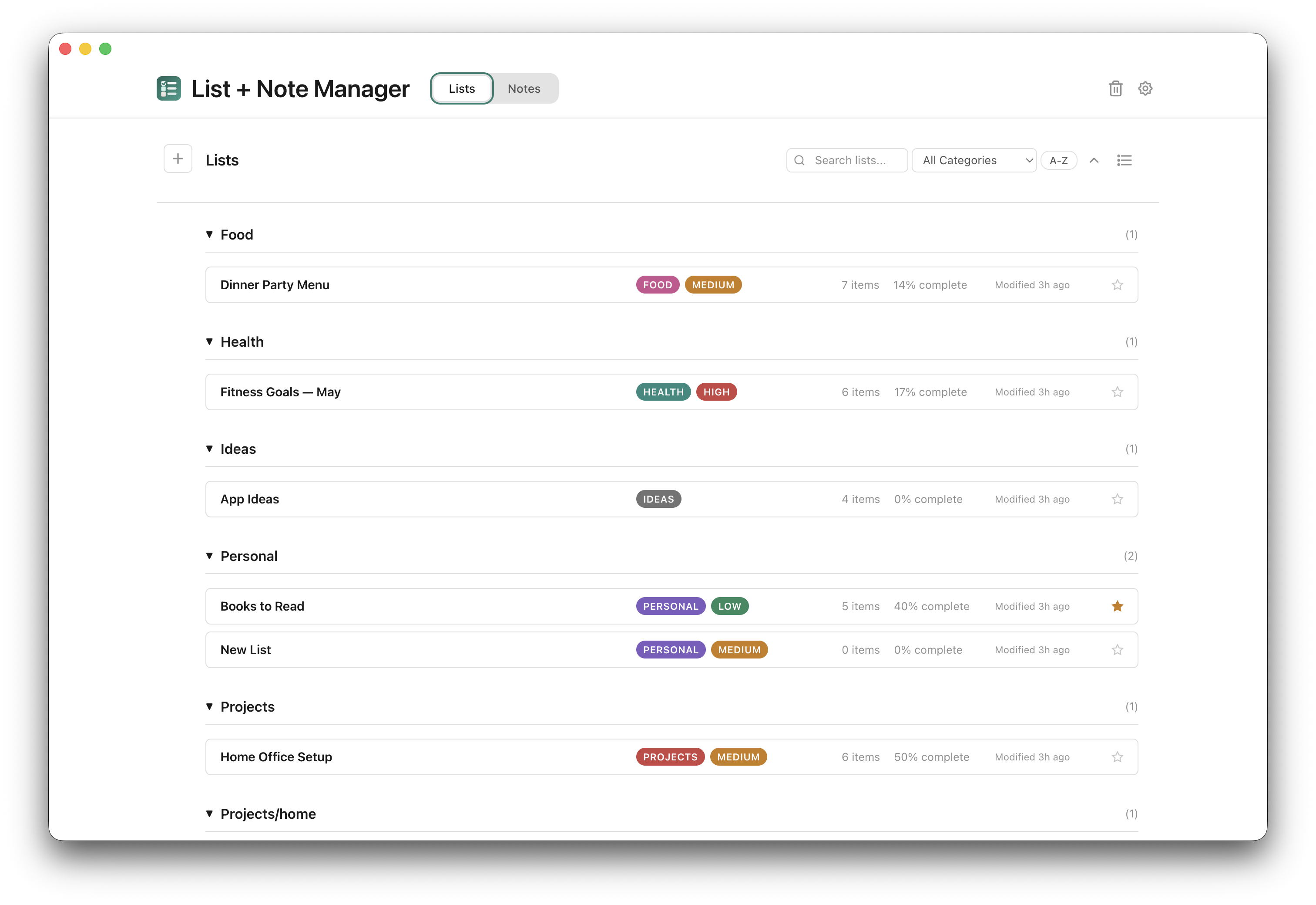 Lists & Notes — lists and notes with categories