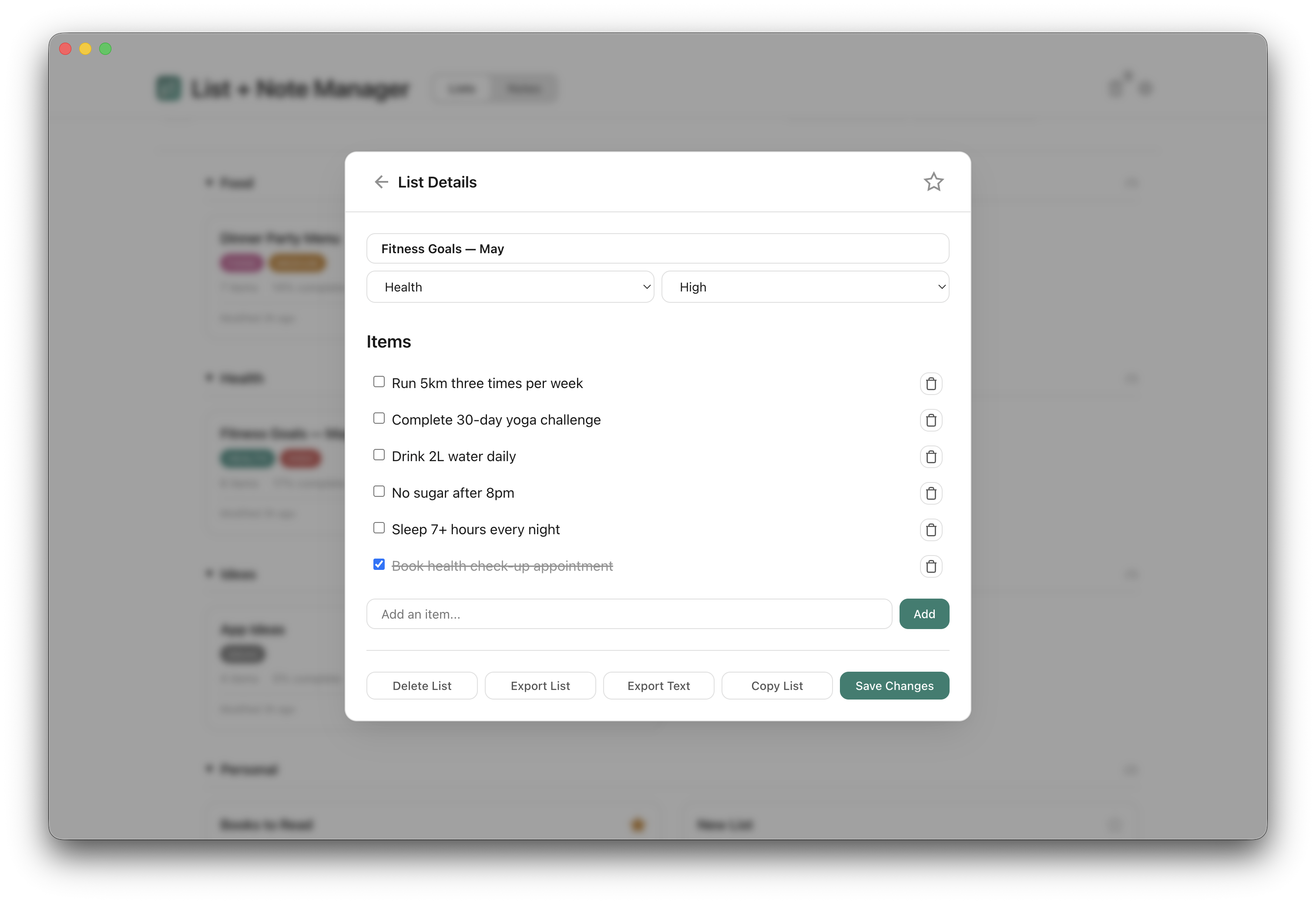 List detail with checkable items and priority