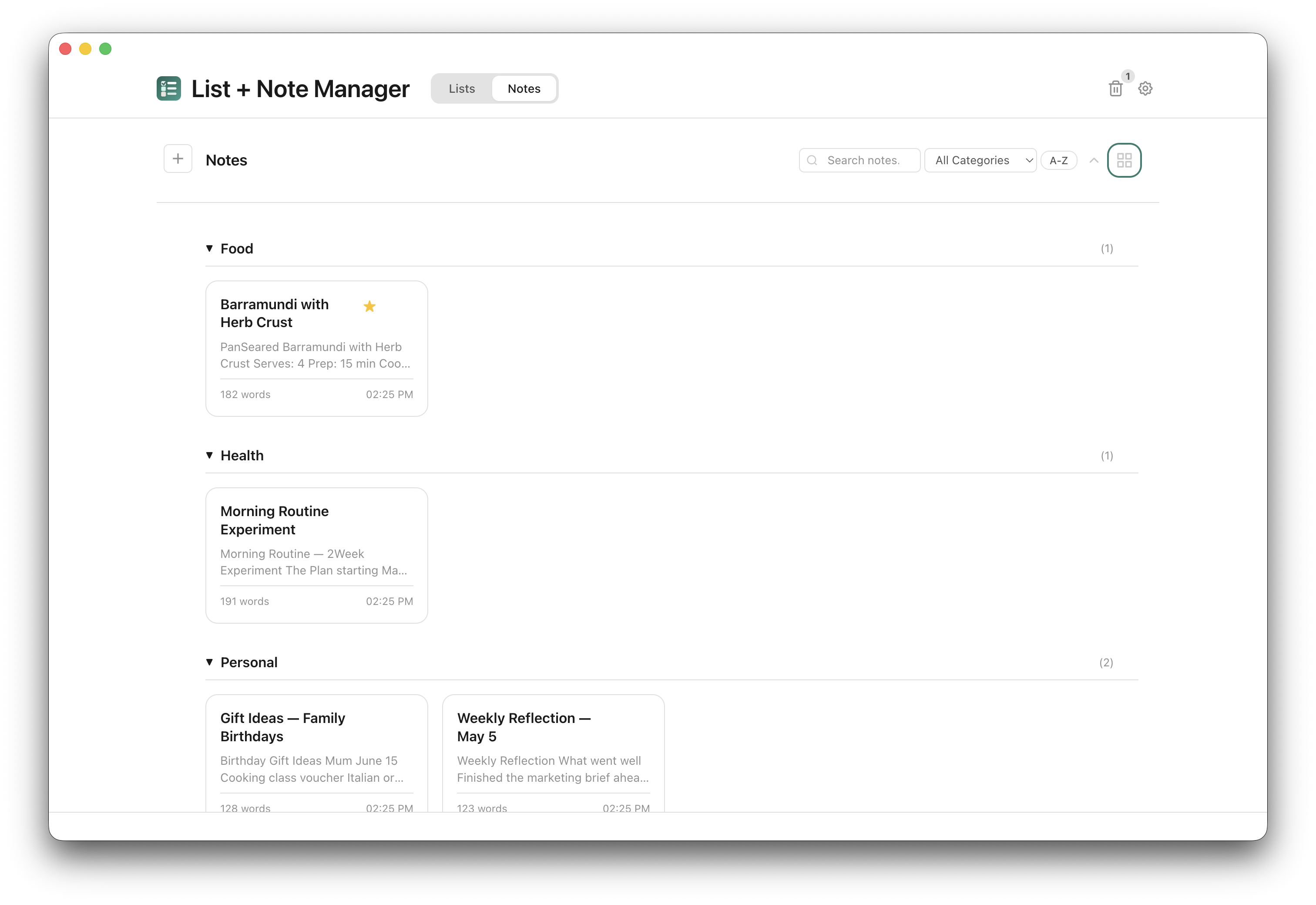 Notes view with card layout and categories