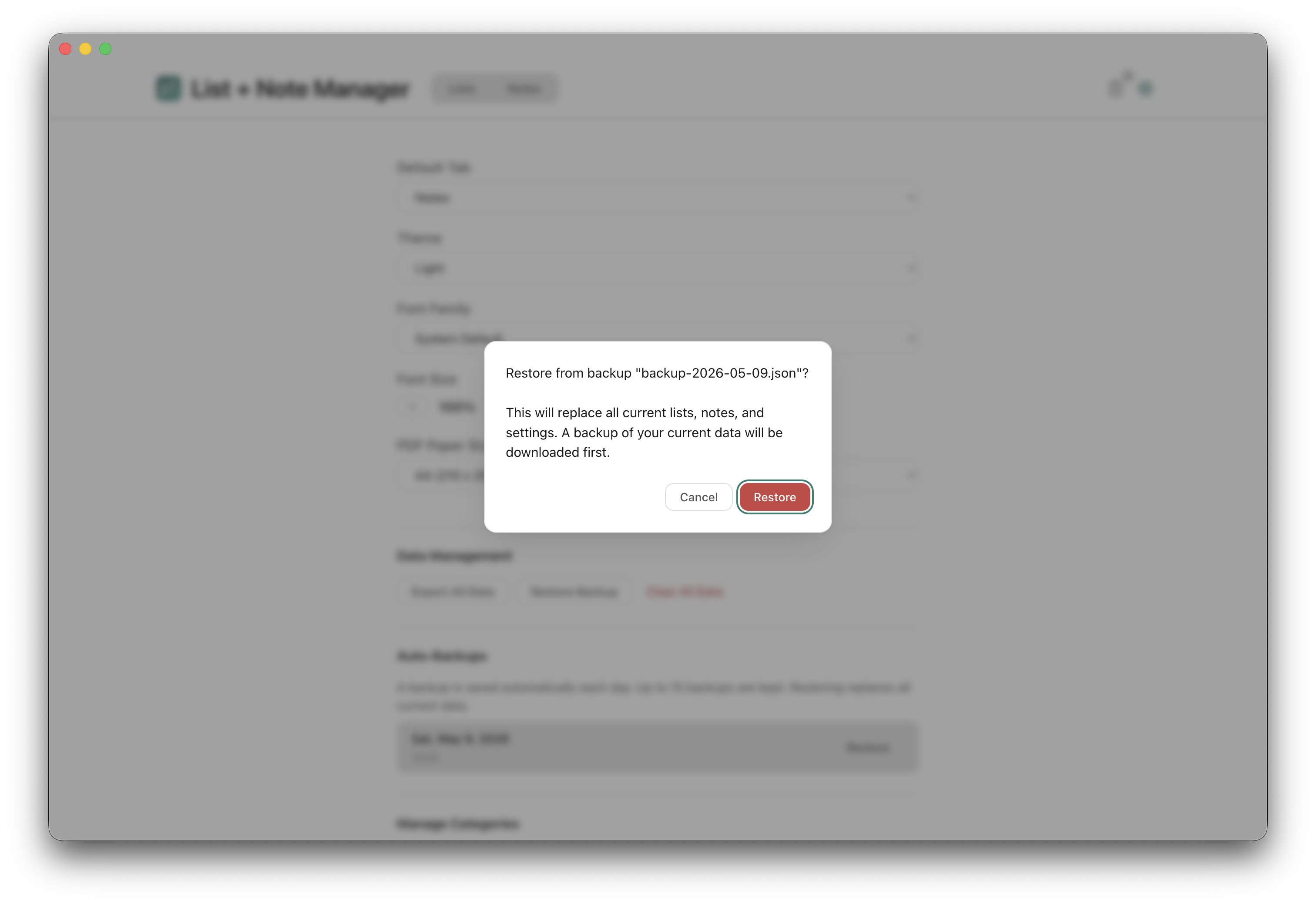 Backup restore confirmation dialog