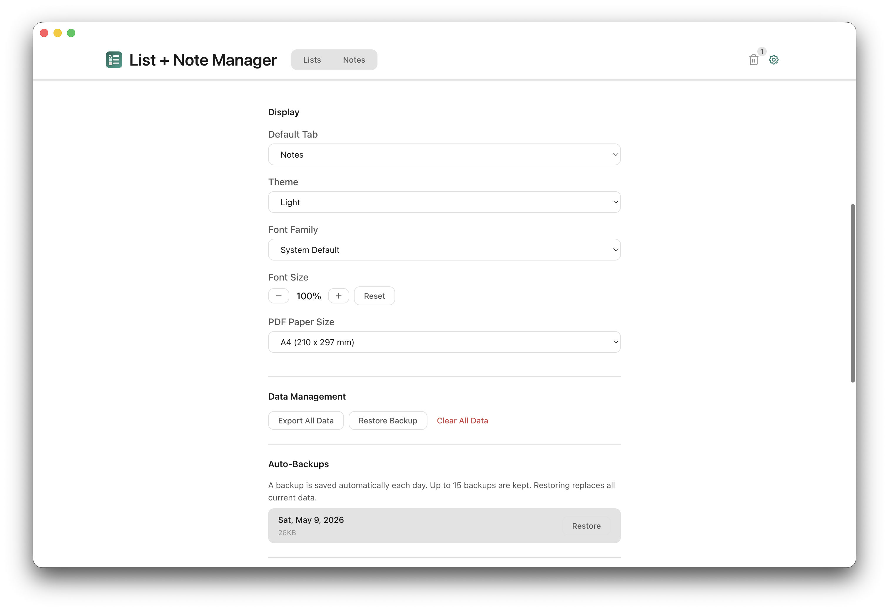 Settings panel with auto-backups and data management