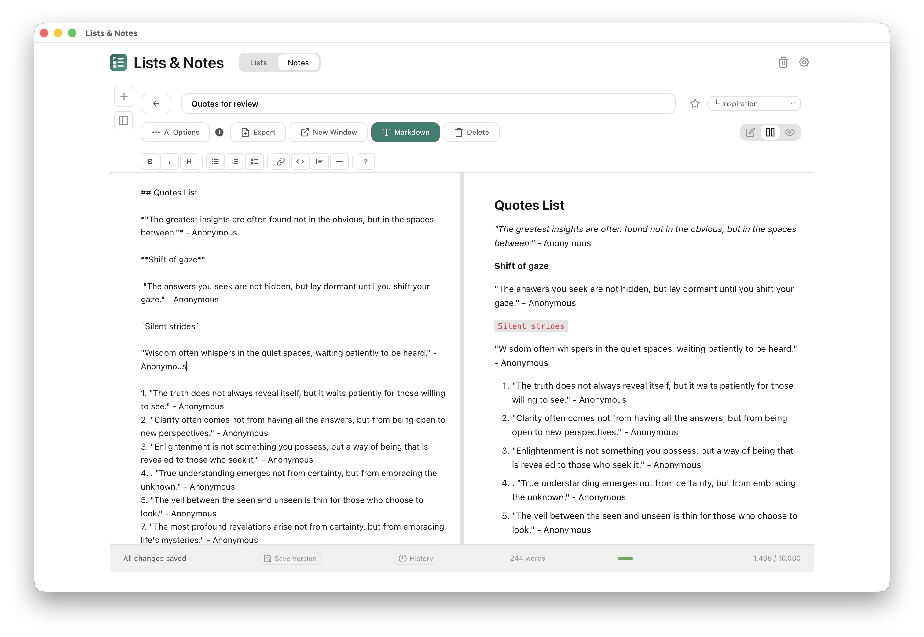 Split pane Markdown editor with formatting toolbar and live preview