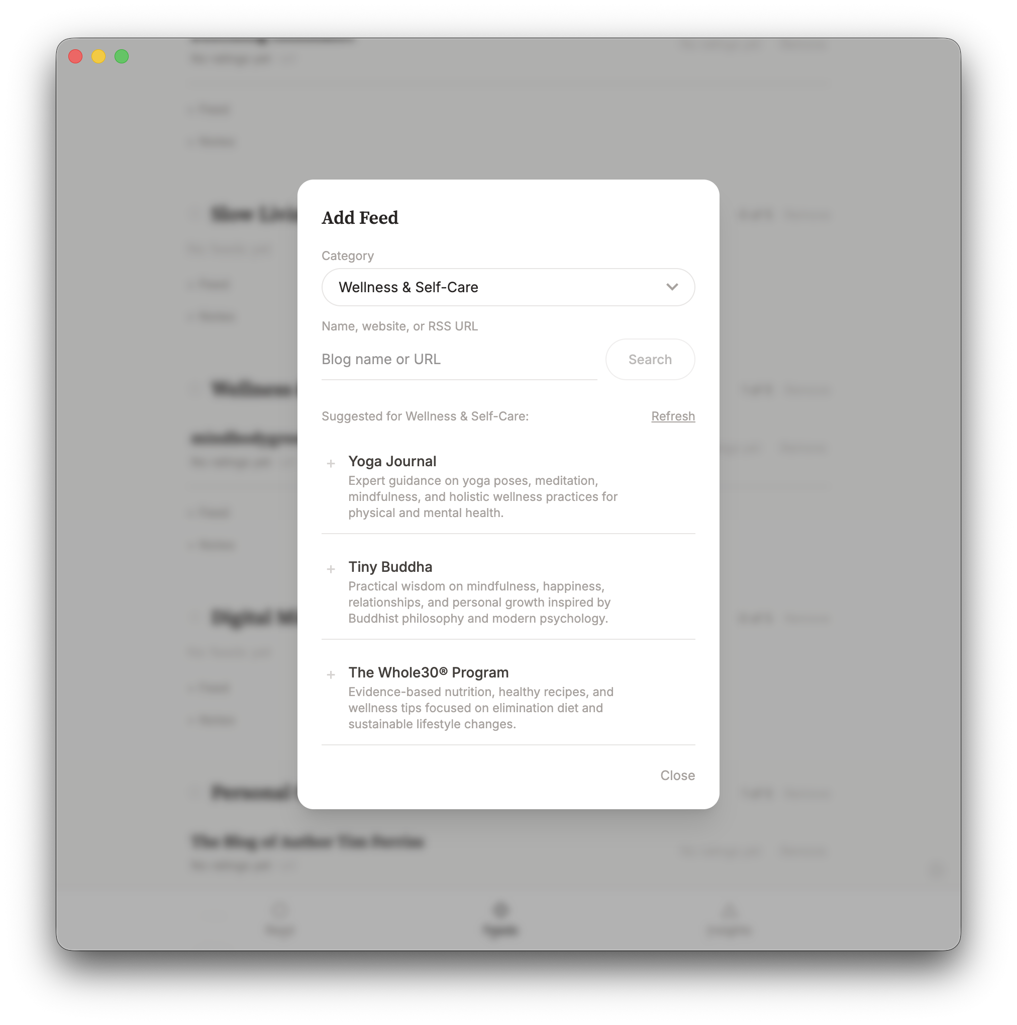 Add Feed modal with AI-powered suggestions and search