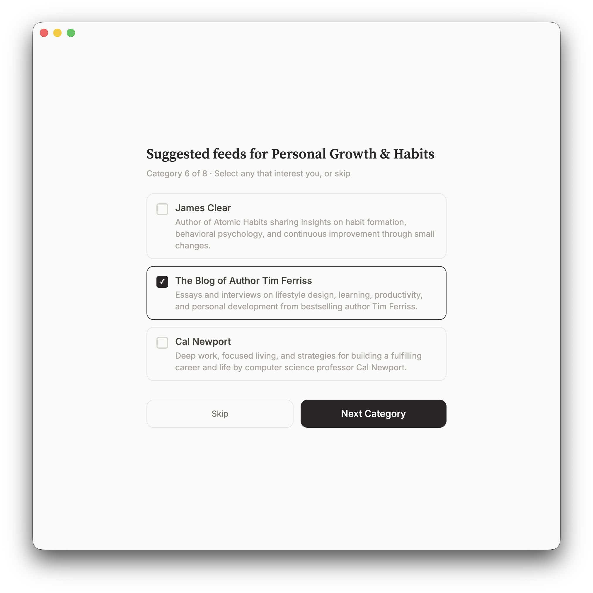AI-powered feed suggestions for each category