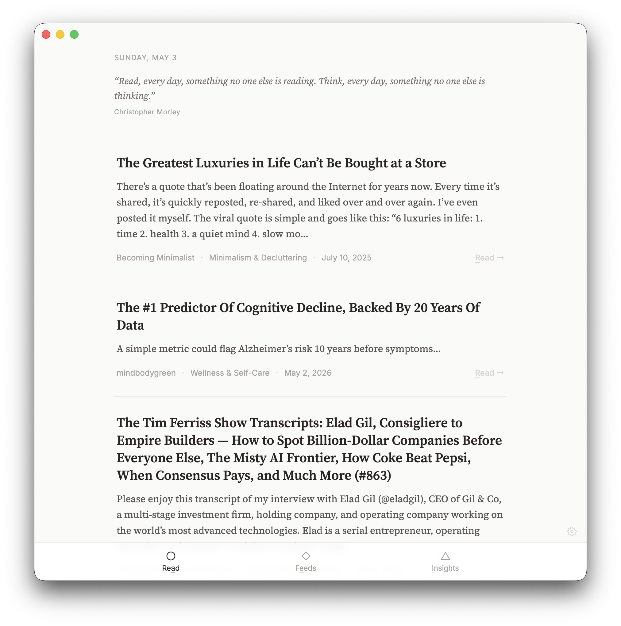 Mindful Reader — daily curated RSS reading