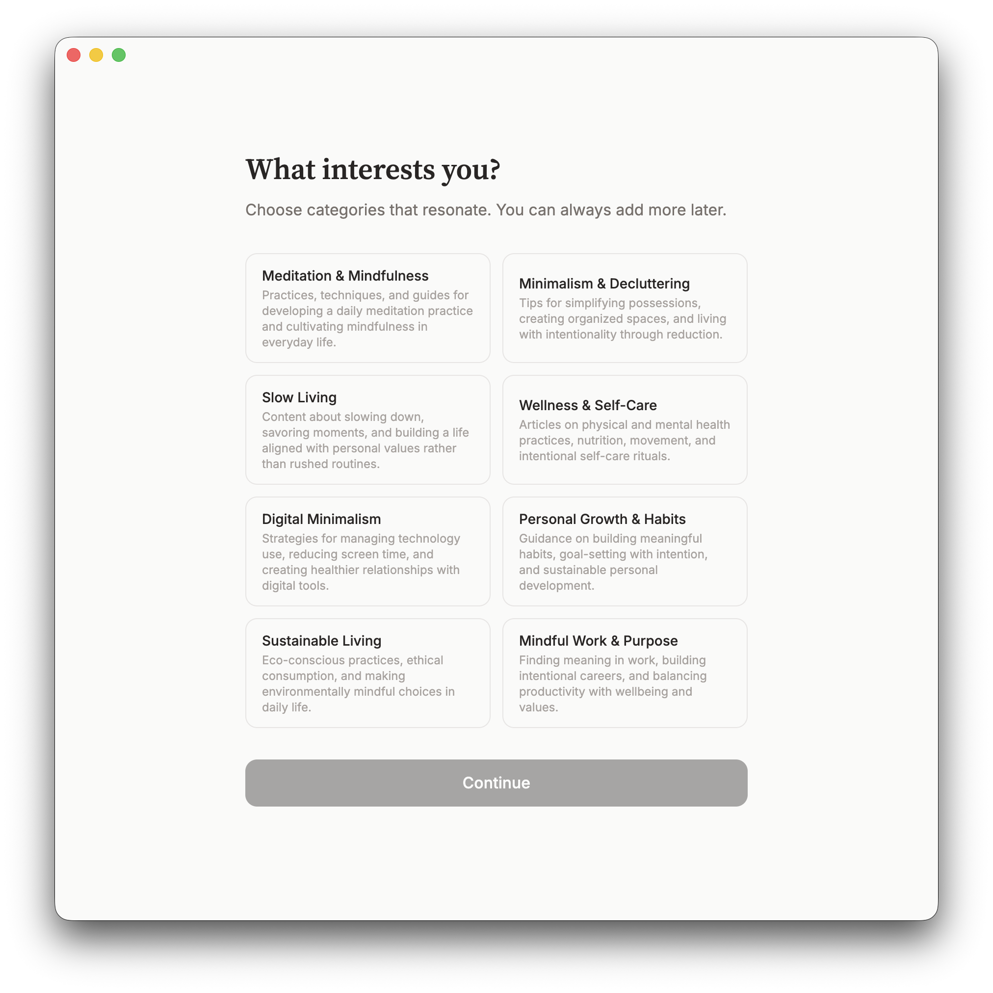 Choose your interest categories during setup