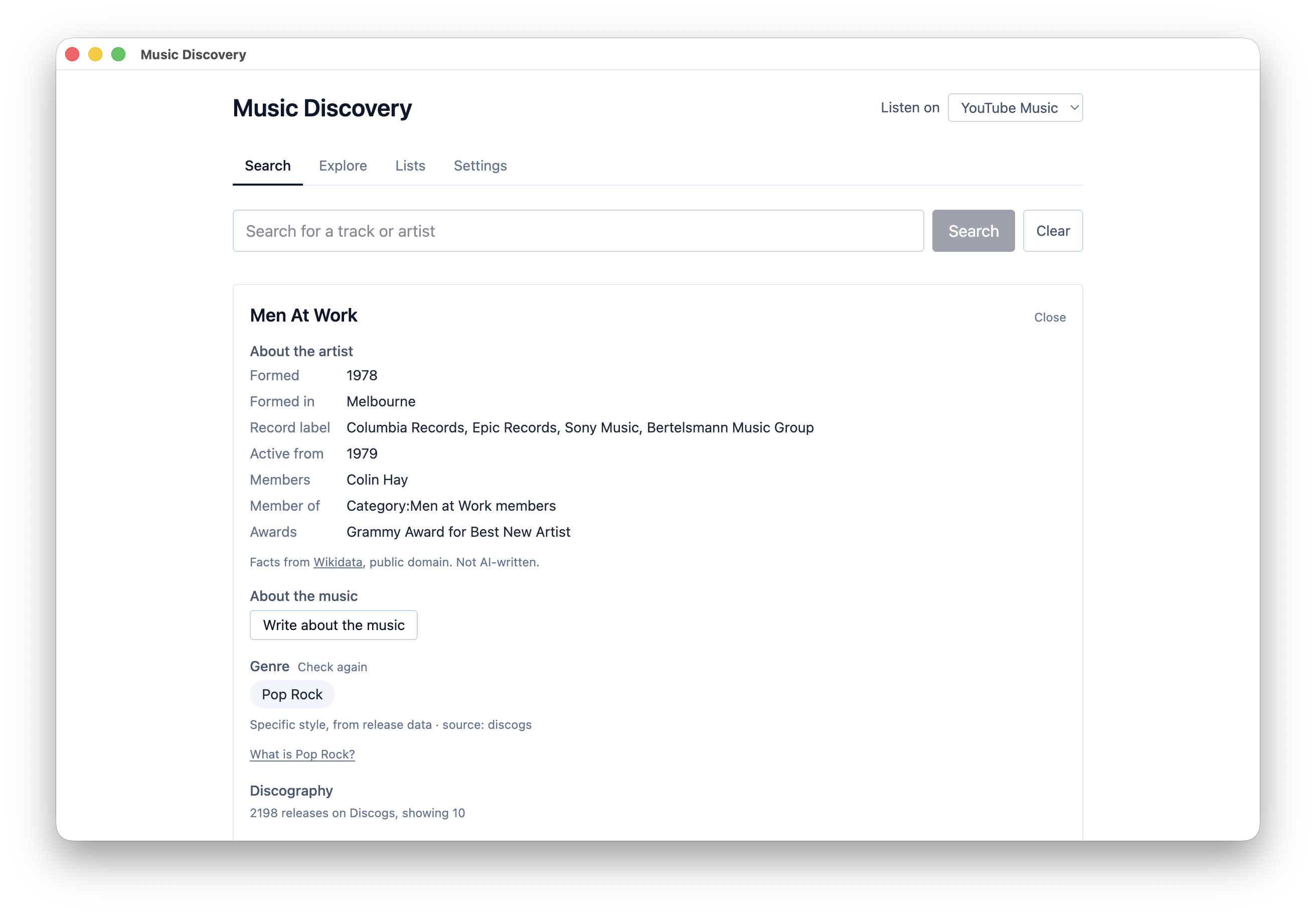 Artist detail panel showing Wikidata facts, genre from Discogs, and discography