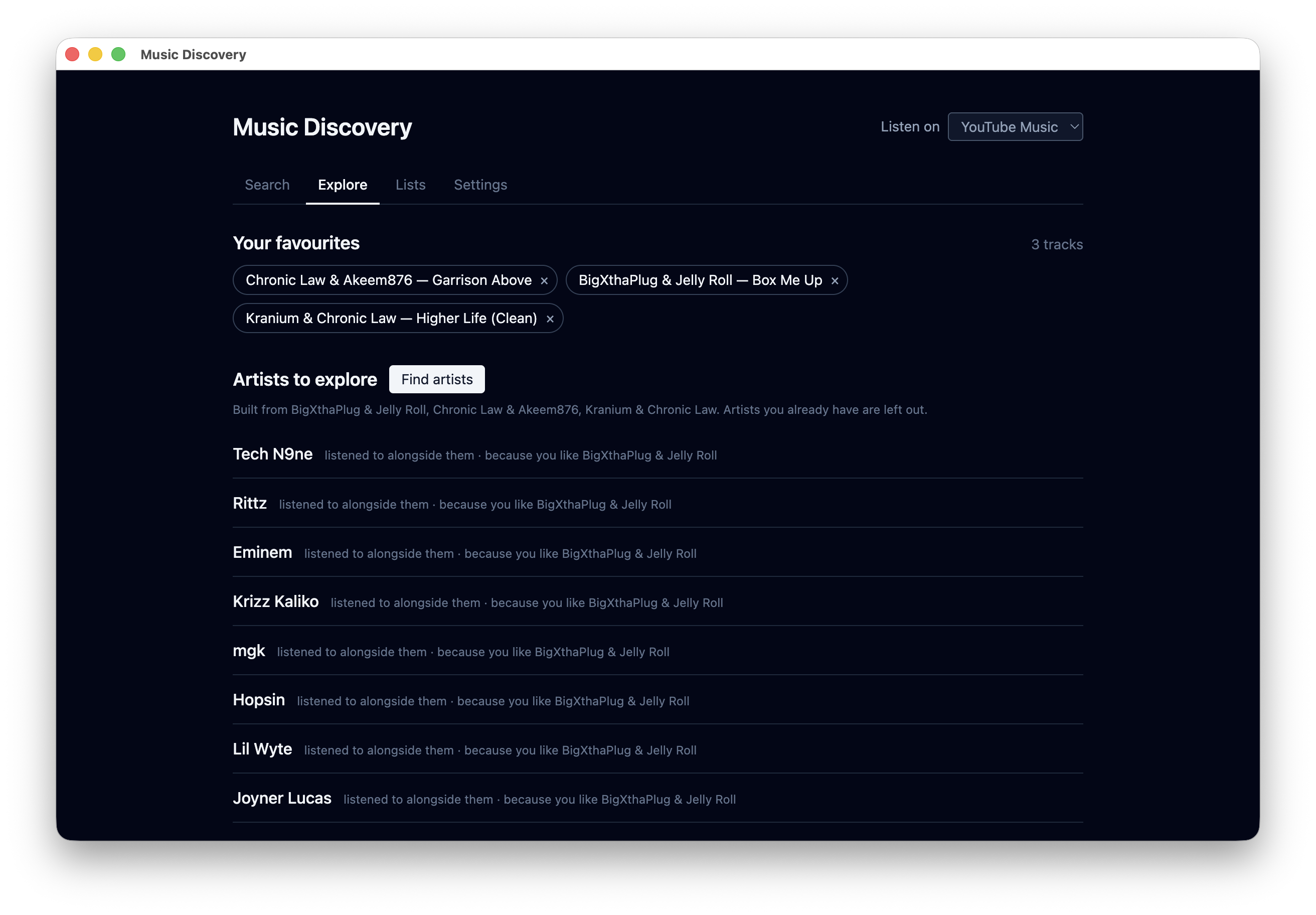 Explore tab in dark theme showing favourites and suggested artists