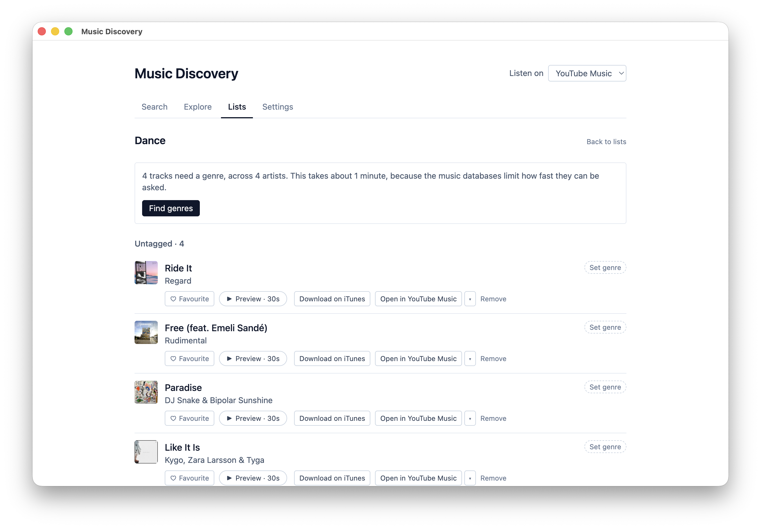 List detail showing tracks with preview controls and genre tagging