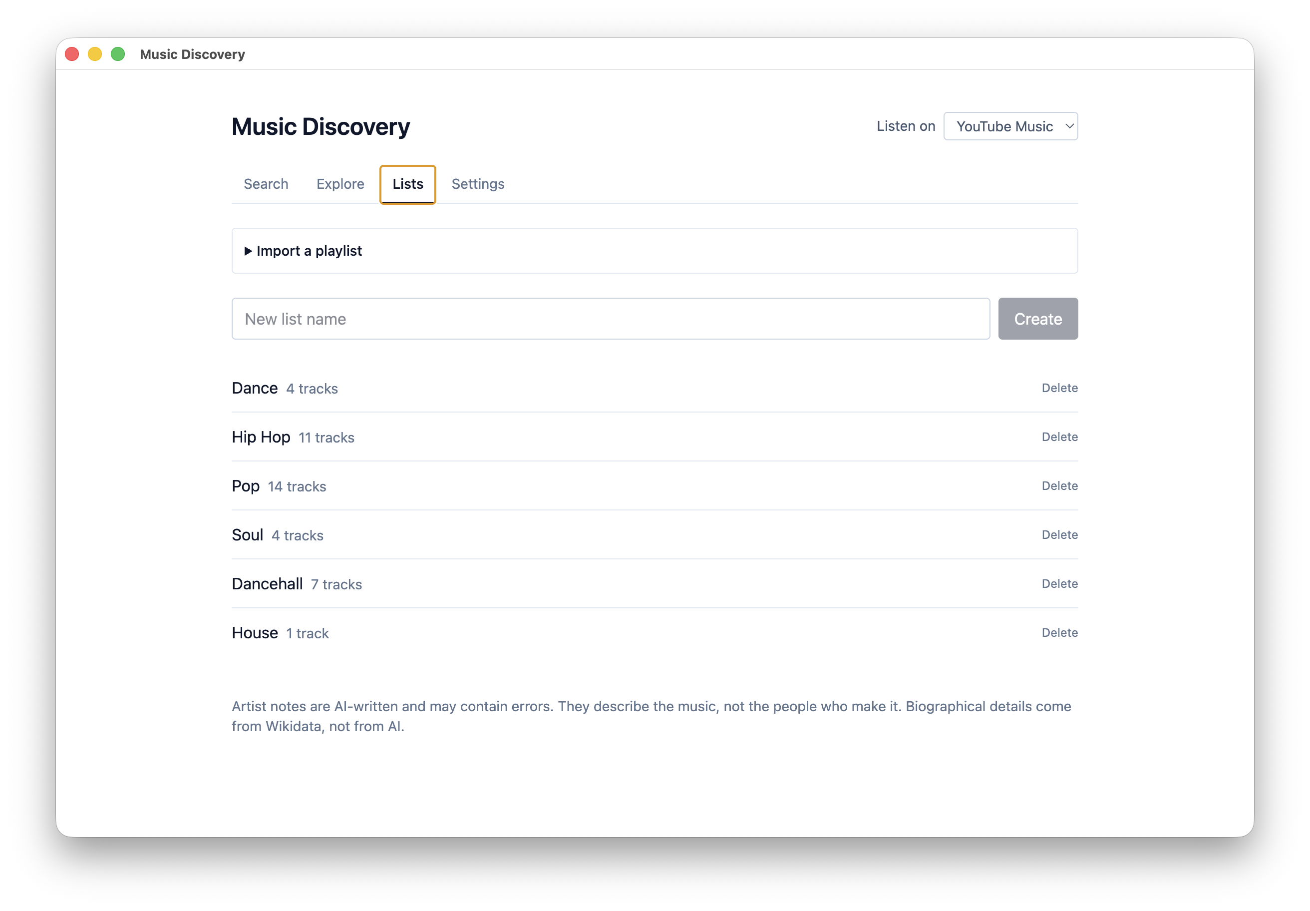 Lists view showing genre-organised playlists with track counts
