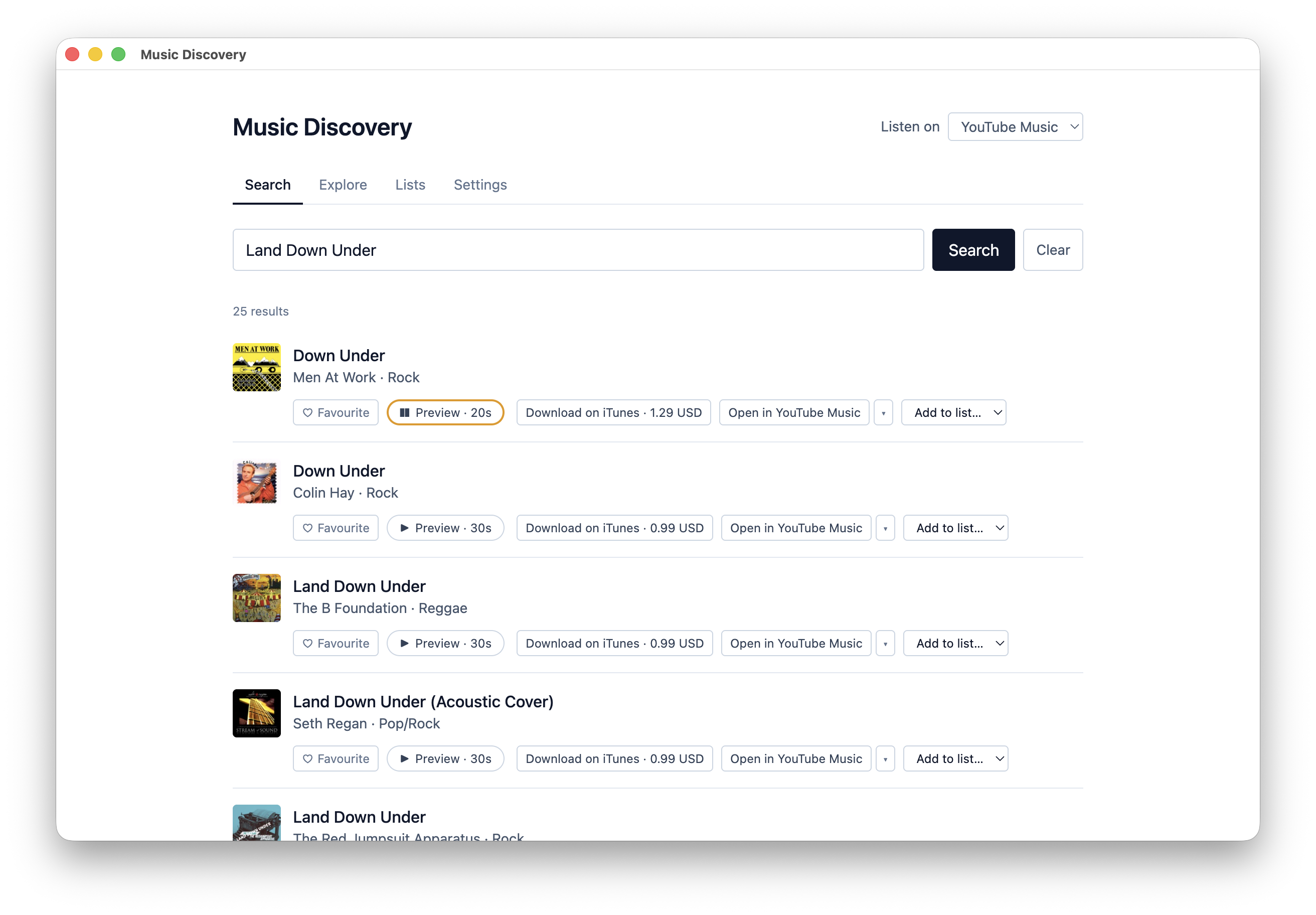 Search results with a 30-second track preview playing