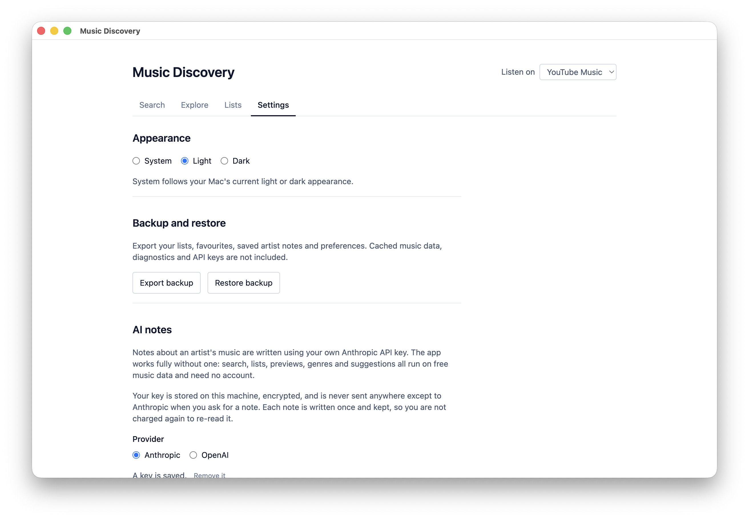 Settings panel with appearance, backup and AI notes configuration