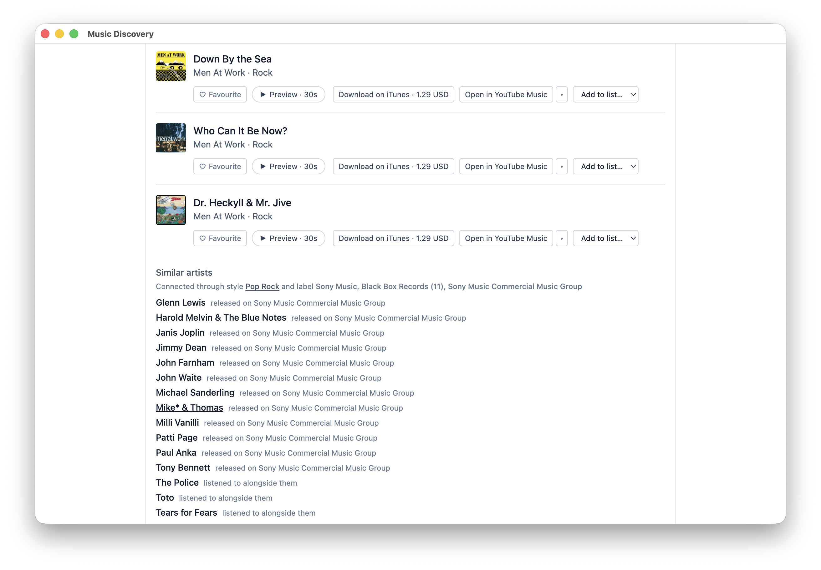 Similar artists list showing label-based and listener-based suggestions